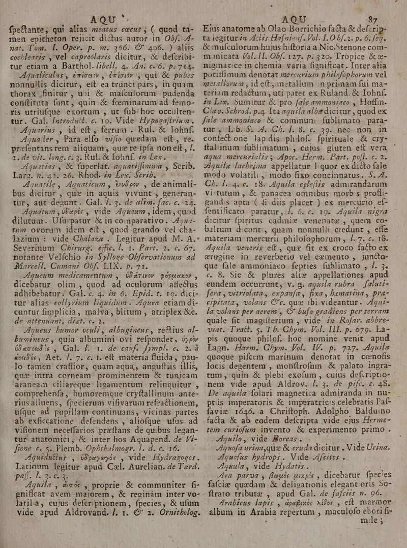 AQU ' | fpeCtante; qui alias meatus cecus ; ( quod. ta- men epitheton rejicit dictus autor in Of. 4- nat. Tom. I. Oper. p. m. 356..€9' 406. ) aliis cochlearis ,'vel capreolaris dicitur, &amp; defcribi- tur etiam a Barthol. /;bell. 4. 7n. c6. p. 714. Agualiculus, émirao , émioir y qui &amp; pubes nonnullis dicitur, eit ea trünct pars, in quam thorax finitur , uoi &amp; maículorum - pudenda conítituta funt, quin. &amp; feeminarum ad. femo- ris utriufque exortum , ut fub hoc occulten- tur. Gal. [ntroductl. c. 10. Vide Hypesaflrium. Aquarius , id eft , ferrum . Rul. &amp; Iohnf. Aauajler , Para.elfo vifio quedam ett, re. prefentansrem aliquam , quz re 1pfa non ett, /. 1. de voit. long. c. 3. Rul. &amp; Fohnf, 2 Lex. JAquatias , S füperlat. aguati]fimum , Scrib. Lara. ». 42. 26. Rhod. Z» Lex: Serib. Aauattle, Aquaticum , trud pov , de animali- bus dicitur , qux in aquis vivunt , generan- tür, aut de2unt. Gal. /. 3. de a/tm. fac. c. 25. quatum ,Ufepés , vide Agueum , idem , quod dilutum. Ufurpatur &amp; in comparativo. JZ2ua- tum ovorum 1dem e(t , quod srando vel cha- lazium : vide CPalaza . Legitur apud .M. A.* Severinum Chrrurg:. eyfic. l. 1. Part. 2. c. 67. notante Velíchio z» Sylloge -Obfervationum. ad Marcell. Cumanz Obf. LIX. p.71. Jgqueum medicamentum ,. id eruov. oopuaxor , dicebatur olim , quod ad oculorum. a&amp;e&amp;us adhibebatur. Gal. c. 4. m 6. Epid. t. 19. dici- tur alias eol] rium liquidum. Aguea etiam di- cuntur fimplicia, malva, blitum , atriplex &amp;c. de attenuant. diat. c. 1. JAqueus humor oculi , albuginens, re&amp;ius al- bumineus, quia albumini ovi refpondet. vp» Oaroud is, Gal. f. 1. de canf. fympl. c. 2.8 &amp;»ad ic, Aet. /. 7. c. t. eft materia fluida, pau- lo tamen crafüor, quam aqua, anguftüs illis, qui intra corneam prominentem &amp; tunicam araneam ciliareque. ]lieamentum relinouitur , comprehenfa ,, humoremque cryftallinum- ante- rius alluens, fpecierum vifivaruim refraCtionem, ufque ad pupillam continuans, vicinas partes ab exficcatione defendens , aliofque ufus. ad vifionem neceffarios prazílans de quibus legan- tur anatomici, &amp; inter hos Aquapend. de /7- [ione c. s. Plemb. OpAtbalmogr. l. d. c. 16... Aquidutius , Ppuyeyóc , vide Hydrasgogos. Latinum legitur apud. Czl. Aurelian. de Tard. pa]. ^. 3. c3. Aquila , &amp;rós , proprie &amp; communiter fi- latiba, cujus defcriptionem, fpecies, &amp; ufum vide apud Aldrovand. /. 1. 4? z. Ornithelog. : AQ!' S Ejus anatome ab Olao Borrichio faQta &amp; deir ta iegltur «n /cizs Hafnuieuf. Vol. [.O bf.2. p. 6. feg. &amp; mufculorum hujus hiftoria a Nic.Stenone com- manicata //)J. II. Obf. 127. p: 320. Fropice &amp; x- niginat:ce 1n chemia. varia fizuificat. Inter alia potitlimum denotat mercurium pbilofophorum vel metallorum , id et, metallum in primam fui ma- teram redactum; uti patet ex Ruland. &amp; Tohnf. £n Lex. Sumitur &amp; pro fale ammoniaco , Hoffm. C/av. Schrod. p.4. Itaaguíla alóct dicitur , quod ex fale ammoniace : &amp;. commun: | fublimato |. para- tur, Lib. S. 44. Ch. |..8. c... 39. nec. non. in confect one lapdis philof. fpirituale .&amp; cry- ftaliinum fublimatum , cujus gluten eíl vera aqua mercurial£s y-Mpoc. Herm. . Part. poll. c. 2. viquile lacbrima appellatur lquor ex dicto fale modo volatili ,; modo fixo concinnatus.. $. 4. C. l..4... 18. Aquila egleflis: admirandarum virtutum , &amp; panacea omnibus morb s protli- gand:s apta ( fi-diis placet ) ex mercurio. eí- fentificato paratur, J, 6. c- 19« quila nigra dicitur fpiritus cadmie venenatz , quem co« biltum dicunt, quam nonnulli. credunt , eife materiam: mercurii philofophorum , /. 7. c. 18. Aquila veneris e(t , qux. fit ex croco. fatto ex vrugine 1n. reverberio vel cemento , junco- que fale ammoniaco. fepties fublimato , /. 3. c. 8. Sic &amp; plures alix appellationes. apud eundem occurrant, v. g. aquila rubra — falutz- fera ,vitriolata, expanía, fixa, bematina , pra- cipitata, volans ('c. qu ibi videantur. vfga2- la, volans per aerem , 9 bufo gradiens per terram quale fit magiílerium , vide zz Rofar. abbre- viat.-Tratl. $. T b. Chym. Vol. HI. p. 679. La- pis quoque philof. hoc nomine. venit apud Lagn. Harm. Chym. Vol. IV. p. 727. 4quila quoque pifcem marinum denotat in coenofis locis degentem , monflrofum &amp; palato ingra- tum; quin &amp; plebi exofum , cujus def.riptio- * nem vide apud Aldrov. /. 3. de. pifc.. c. 48. De aquila folari magnetica admiranda in nu- ptis Imperatoris &amp; i1mperatric:s celebratis Paf- favie 1646. a Chriftoph. Adolpho Balduino facta &amp; ab eodem defcripta vide ejus Herme- tem curdofum invento Gc experimento primo. Jquilo, vide Boreas. JAquofa urina qus &amp; cruda dicitur . Vide Urzza. JAouofus bydrops. Vide. JMfeites . JAgaula, vide Hydatis. | . : Jra parva , (auos pixp'e , dicebatur fpecies fafcie quxdam &amp; delisationis elegant;oris 50- ftrato tributz , apud Gal. de fafczzs n. 96. Arab£cus lapis , dpafuxós ^ífos , cft marmor album in Arabia repertum , maculofo ehpsMie ed In:ie 3