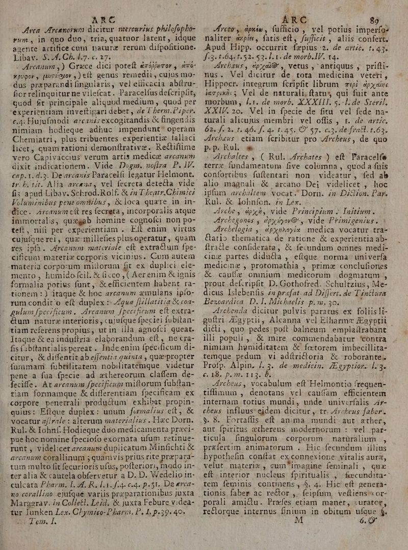 Arca. I reanorum dicitur. mercurius philofopbo- fum. jn quo duo, tria, quatuor latent, idque agente artifice cuni naturz rerum diípofitione. Libav. $: Uf. Ch. d.7..c. 27. Arcanum ,) Grece. dici poteft ezójwror , cv: xpuoor y [ausiagor , ) e(t genus remedii , cujus mo- dus przparandifingularis, veleilicacia ab(tru- ficr relinquitur ne vilefcat. Paracelfus defcripüt, quod $t principale aliquod medium ; quod per 'experiendam inveftigari debet, de T herm.Piper. c.4: Hujufmodi arcaxz; excogitandis &amp; fingendis nimiam hodieque adhuc impendunt* operám Chemiatri, plus tribuentes experientiz fallaci licet, quami rationi demonftrativz .- Rectifiime vero Capivaccius verum artis medice arcanum dixit indicationem. Vide Dogm. noflra P.lV. cap. 1. d.3. Dearcanis Paracelfi legatur Helmont. ty. b. tit. Alia arceeza , vel fecreta detecta. vide fis apud Libav. Schrod.Rolf. &amp; /u T /eatr.Chi mie: Voluminibus peue omnibus, &amp;loca quare in in- Mice. Arcanum cit res fecreta , incorporalis atque immortalis, quzgab homine cognoíci non po- teft, niüi per experientiam . Eft enim. virtus cujufquerei, quz millefies plusoperatur, quam res ipfa. Jrcannm materiale eft extraCium fpe- cificum materie corporis vicinus. Cum autem -materia corpo:um millorum fit ex duplici eie- mento, humido fcil. &amp; (icco , ( Aerenim &amp; ignis formalia potius funt, &amp;efficientem habent ra- tionem : ) itaque &amp; hoc arcanum zinulans ipío- rum condito eft duplex :- ua fizllatitza &amp; coa- gulum fpecificum. Arcanum [pectficum eft extra- &amp;um nature interioris , cujuíque fpeciei Íubitan- tiam referens propius, utin illa agnoíci queat. Itaque &amp; ea induflria elaborandum eit, ne cra- fis f;bitantialis pereat . Inde enim fpecificum di- citur, &amp; diffentitabeffentia quinta , qug'propter umma. fubtilitatem. nobilitatemque. videtur pene a faa fpecie ad zthereorum claffem de- feciffe. Atarcanum fpecificum miftorum fubftan- tiam formamque &amp; differentiam fpecificam ex corpore penetrali productum | exhibet propin- quius: Efique duplex: unum furmalus ett, &amp; vocatur aj/rale : alterum materzaliss . Hxc Dorn. Rul. &amp; Iohnf. Hodieque duo medicamenta praci- pue hoc nomine fpeciofo exornata ufum retinue- runt ; videlicet ercaaus: duplicatum Minfichti &amp; arcanum corallinum ; quamvis prius rite prepara- ter alia &amp; cautela obfervetur a D. D. Wedelio tn- —- culcáta PZarm. L4. R. 1.3. f.4. 4. p.51. De erca- «o corallino ejufque variis przparationibus Juxta Margerav. /2 Colletl. Leid. &amp; juxta Febure videa- tur lunken Lex. Chym:eo-DPharii, P.L p.39. 40* M em. I. freto y. dpxiv , füfficio , vel potius imperfa- naliter «xpím, fatis eft, fufficit , aliis confert. Apud Hipp. occurrit -fepius 2. de arte. 1.43. f:3- 1641.52.43. 1. 1 de morb. IV. 4. : Jrcbaus, épxaX9, vetus , antiquus , prifti- nus. Vel dicitur de tota medicina veteri, Hippocr. integrum fcripfit librum egi. dpxeiis i&amp;vpixi:, Vel de naturali;ftatu* qui fuit ante norbum , J.1. de morb. XXXIII. s.-lide Steril. XXI, 20.. Vel in fpecie de fitu. vel fede na- turali alicujus membri vel offis , t. de artc. 62. 4. 2. t. 46. f. q- t.43.,O $7. c3. de frat. t.63. Jrcbeus: etiam fcribitur pro vrcbeus, de quo p.p. Rol o - VIrchaltes ,, ( Rul. JMrchates ) eft. Paracelfe terrv fundamentum [ive columna , quod a fuis confortibus fuftentari non videatur , fed ab alio magnali.&amp; arcano Dei videlicet , hoc lpfum arcbaltem- vocat. Dorn. zu Déton. Par. Rul. &amp; lohníon. £^ Lex. Jrche y apyin, vide. Principeum - Initium. Jirchegones , dpyityorG-, vide Primigenius. Jrchelogia ,/ cpxnxoyiz medica vocatur tra- Gatio tbematica de raticne &amp; experientia ab- ftrade confiderata, &amp; fecundum omnes medi- cinz partes diducta ,. efique norma: univerfa medicinz , protomathia , prime conclufiones &amp;. cauffe omnium medicorum dogmatum , prout defcripfit D. Gothofred. Schultzius , Me- dicus Islebenüis Zn prafat. ad Differt. de Téntlura Bezoardica D. 1. Michaels. p.m. 30. ; Zrchenda dicitur pulvis paratus ex foliis li- guiri.Zgyptii, Alcanna vel Elharme JEgyptii dicli, quo pedes poít balneum empla(lrabant nimiam humiditatem &amp; fotorem imbecillita- temque pedum vi adílri&amp;ctoria &amp;. roborante. Proip. Alpin. J. 3. de amedécin.- JEgyptior. 1.3. €. 138. p.m. 113. d. | Jrcbeus, vocabulum eft Helmontio frequen- tifflinum , denotans vel cauffam efficientem internam totius mundi, unde univcrfalis Ar- cheus inflaus edem dicitur , tr. /rcbeus faber. $. 8. Fortaflis eft. anima mundi- aut. ather, aut fpiritus ethereus imodernorum : vel par- ticula fingulorum | corporum natüralium , prafertim animatorum . Hic fecundum illius hypothefin conftat ex connexione vitalis aurz, velut materix, cum*imagine feminali , qux eft interior nucleus fpiritualis , fecundita-: tem feminis contmens,-$. 4. Hic eft genera- tionis faber ac re&amp;or ,. feipfum, veftiens«or- porali ami&amp;u. Prefes etiam manet, «uratct, re&amp;orque internus finium in obitum ufque $. M. 6.0
