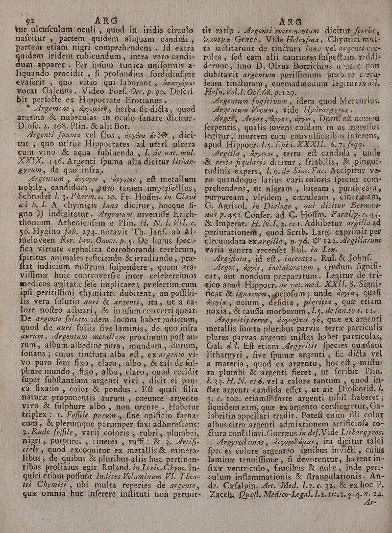 tur ulcufculum oculi , quod ir iridis eitrculo nafcitur , partem quidem aliquam candidi , partem etiam nigri comprehendens . Id extra uidem iridem rubicundum, intra vero candi- dun apparet. Per ipfum tunica uniformis a- liquando procidit , fi profundius fordidiufque evaferit ; quo vitio qui laborant ,. irazyiuss vocat Galenus. Video Foef. Oec. p. 9o. Defcri- bit perfecte ex Hippocrate Erotianus. * Vdrgemone , dpysuóri, herba fic dicta, quod argema .&amp; nubeculas in oculo fanare dicitur. Diofc. 2. 208. Plin. &amp; alii Bot. : Jrgentz fpuma vel flos , épy/ps ar 3&amp; ., dici- tur , quo utitur Hippocrates ad uteri ulcera cum vino &amp; aqua fubluenda , /. de zat. mul. XXIX. 146. Argenti fpuma. alia dicitur //t4az- &amp;yrum, de quo infra. a ; Jrgentum , eoyupov , 'epyupey , eft metallum nobile, candidum , auro tamen imperfectius, Schroder /. 3. Pharm. c. 10. Fr. Hoffm. z&amp; Clave &amp;À b. l. A. chymigis Jua dicitur, hocque fi- gno 2) indigitatur. Jrgentum. inveniffe Erich- thoniom, Athenienfem e Plin. H. N. l. Vil. c. $6. Hygino fab. 274. notavit 'Fh. Janf. ab AI- meloveen Aer. Inv. Onom. p. 5. De hujus fpeci- fica virtute cephalica éorroborandi. cerebrum, fpiritus animales reficiendo &amp; irradiando, prz- ftat judicium noftrum fufpendere , quam era- viffinz huic controverfie inter celeberrimos medicos egitatz fefe implicare; prefertim cum ipfi peritiffimi chymiatri dubitent, an poffibi- lis vera. folutio aur? &amp; argenti, ita, ut a ca- lore noftro aGuari, &amp; in ufum converti queat. De argento foliato idem locüm habet judicium, quod de avr foliis five laminis, de quo infra aurum . Argentum metallum. proximum poft au- rum, album .albedine purá, mundam , durum, fonans ; cujus tinctura alba eft, ex argento vi- vo puro fere fixo, claro, albo, &amp; tàli de ful- phure mundo, fixo, albo, claro, quod cecidit fuper fubftantiam argenti vivi , dicit ei pau- €a fixatio , color &amp; pondus. Eít quafi filia mature proponentis aurum , coeunte argento vivo &amp; fulphure albo , non urente . Habetur triplex: r. Foffile purum, fine opificio forna- cum, &amp; plerumque parumper fax! adherefcens: 2. Rude foffile, varii coloris , rubri, plumbei, nigri, purpurei , cinerel , ruffi : &amp; 3. /riifi- £/ale , quod excoquitur ex metallis &amp; minera- libus; de quibus &amp; pluribus aliis huc pertinen- tibus prolixius egit Ruland. i» Lexzc. CAym. In- quirl etiam poffunt 1nd/ces Voluminum VI. T bea- t Chymic? , ubi multa reperies de argento, quz omnia huc inferere inílituti non permit- tit ratio . Jrgenti recremontum dicitur feoria , eossux Grece. Vide Helcyfina.. Chymici mul- ta jactitarunt de tinQura /uae vel argent? cce- rulea, fed eam alii cautiores füfpe&amp;tam reddi- derunt, imo D. Olaus. Borrichius u?gare non dubitavit argentum puriffimum przbre cceru- leam tin&amp;uram, quemadmodum legitur zz ast. Hafn. Vol.1. Obf. 68. p. 129. Argentum fugitivum , idem quod Mercurius. Jrseatum Vroum , vide Hydrarayros . AIrgesy Jdroas ,*Hpyss , dpysc , Dorn? e nomen. ferpentis, qualis Juven! cuidam 1n os ingreííus legitur, mortem cum convulfionibus inferens, apud Hippocr. /.5. Epid. XX XII. 6. 7. feqq. JIrgilla , dpyos , terra. eft candida , unde ereta figularis dicitur , friabilis, &amp; pingui- tudinis-expers, 7.9. de Sm. Fac. Accipitur ve- ro: quandoque latius varii coloris fpecies com- prehendens, ut nigram , luteam , puruiceam, purpuream , viridem , ccruleam , cineritiám, G. Agricol. Zn Dialogo , qui déctur Berman- nus p. 432. Confer. ad C. Hoffm. Paralip. c. 43. &amp; Imperat. H. N.1. 2. c:4. Adhibetur argi//a ad perlutationem , quod Scrib. Larg. exprimit per circumdata ex argilla , n. 76. Q' 122. Argillarum varla genera recenfet Rul. z» Les. Jrgiflata, id eft, £ncerata. Rul. &amp; Johnf. Jrgos, wpyie, £nelaboratum , crudum fignifi- cat, aut nondum preparatum. Legitur de tri- tico apnd Hippocr. de ver. med. XXII. 8. Signi- ficat &amp; Zgnavum , ociofam ; unde zpyí», quafi cspyia , ocium , defidia , pzerítza , quz etiam noxia , &amp; cauffa morborum , /.s. de /aa.tu c. 1. JVHrayritis terra, dpyveyris yi, qux ex argenti metallis fumta pluribus parvis terrz particulis plures parvas argenti miftas habet particulas, Gal. 4.1. Eft etiam Jrgyritis fpecies quzdam lithargyri , five fpumz argenti , fic dicta vel a materia, quod ex argento, hoceft, miftu- ra plumbi &amp; argenti fieret , ut. fcribit. Plin. flar. argenti candida effet , ut ait. Diofcorid. /. $. c. 102. etiamfi*forte argenti nihil haberet ; fiquidem eam, que ex argento conficeretur, Ga- labritin appellari tradit. Poteft enim illi color albuscitra argenti admixtionem artificiofa co- Gura contiliari.Gorrzus zn def. V ide Lit bargyros. JArgyrodamas , dpyopoléuas, ita dicitur talci fpecies colore argenteo ignibus invicti, cujus laminz tenuiffimz , fi devorentur, hxrent in- fixx ventriculo, faucibus &amp; gule, inde peri- culum inflammationis &amp; ftrangulationis. An- dr. Czfalpin. /frt.' Med. 1.3. e. 32. &amp; ex lioc P. Zacch. Quafl. Medico-Legal. l2. 14.2. q. 4. n. 24. JAr-