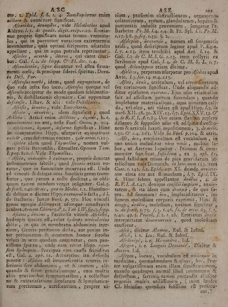 A'SC thv. 2; Epid. f 6. t. 4. Zuephupómrar enim &amp;itlare.&amp; connivere fignificat. Afcavides : drnnpiPes , vide Helminthes ápud Aldrov./.. I. de quadr. dégit. ovzp.c.10o. Erotia- nus proprie fignificare notat tenues vermicu- los, qui 1n pueroruny voracium. excrementis inveniuntur, quia optimi fcriptores afcarides appellant , qui in aqua putrida reperiuntur . Afceles ,. eaxsMis , decrus , qui caret cruri- bus. Gal. /.4. de Hipp. C PI. dec. c.4 Afcendentia, figna dicuntur. vel E firma- Xoenti cceli, &amp; pracipue fiderei fpiritus. Dorn. 2n Di. Par. ; Afcenfus morb? , idem , quod augmentum, de quo vide infra fuo loco. Jfcenf4s quoque vel Afcenfio accipitur de modo quodam fublimatio- nis, &amp; deflillationis chymice . Cul opponitur defcenfio . Libav. &amp; alii: vide: Deftrllatto , Alfcefis , AXIS y vide Exercitatio; ^ Aftete- , - daexuris , idem fignificat , * quod JAtbleta:| Attici enim. dietas y eue, h.e. exercitatores vo: ant ,. tefte Foef. Oecon. p. 104. -Afthemon , dxmuor , deforme. fignificat . Hinc iv comparativo Hipp. ufurpavit aoc hoy éeepoy cxéX&amp; , crus deformius vocans . 3.de arte. t. 103. Aftlisa idem quod TAymaellus ,, nomen vul- gare pifcis fluviatilis. Etmuller.Operum Ton. Í. pag. 816.0. Vide T hymallus. JAjcia, axémupros ij Gxémapyor, proprie denotat inftrumentum fabrile, quod /eeurzs-etiam. vo- eatur, que in fummitate incurvata eft. Unde ad vinculi &amp; deligationis fimplicis genus trans- fertur, que parum a reQo declinat , in obli- quum tamen nondum vergit infigniter. Gal.;. de frati, t.qo:de iis , que in Medic. t.2. Hujuífmo- di deligat:o dicitur Hipp.exezeprgdóv fa&amp;ta y d /. de ífrafcturis. Junge Foef. p. 571. Hoc wiscudi genus egregie delineavit, ufumque monftràvit Sculret. Armam. Chirurg.P.1. Tab LIV. his-3«fegq. Afcites , dexims , Paracelfo vitiofe. JA/clifes , hydropis fpecies eft, velut Zydrops utrzculavius dida , in qua in membrana abdominis inte- riore, Grzcis. peritonvo dicta, aut potius in- ter peritonzum. &amp; mentum humor ferofus veluti in utre quodam continetur , cum pau- eiffimo fpiritu, unde eam vocat Hipp. 24o- Jam hydropem . Pracipua ejus cauffa frieiditas eít, Gal. 4. aph. 11. Accuratius 1ta- defcribi poterit : JAfeites eft intumefcentia ventris In- ferioris five abdominis , ut &amp; crurum ,. ali- quando &amp; fcrot! genitaliumgue , cum multis aliis gravioribus fymptomatibus , a collectio- ge &amp; extravafatione ferofarum &amp; lymphatica- rum portionum , acrefcentium , propter vi- ASÉ I01 tiutt , prazfertim obf&amp;ruclionem , organorum colatoriorum , rerum, glandularum , hepatis &amp;. pancreatis induéla proveniens. Jungatur Pr. Barbette Pr. M. 1.4. c4. &amp; Fr. Syl. Li. Pz. M. 0.17. 8.8. 9. feq. 39. S. 2. Afclepios., doxxwrós , nomen eft fmegmatis aridi, quod defcriptum legitur apud P. Egin. [. 7. «13. item trochifei apud Aet. J14. &amp; Gal. l3. de C. M.S.G. c.13. item collyrii éx Scribonio apud Gal. /.4. de C. M. S. L. c. 7. quod J4thbenzppum etiam dicitur. Afelites, perperam ufürpatur pro Actes apud Avic. 4.5. fen. 14. ff. 4. C13 Afcos , daxos , utriculum , vel uivemícorteum feu coriaceum fignificat. Unde aliquando ad- ditur epitheton cexóri»:. Ejus ufus etiam olim fuit ad affe&amp;tam partem fovendam ; quando implebatur materiaaliqua , aqua nimirum cali- da, veloleo, uti videre eft apud Hipp. /.2.4e morb. X1T. 18. 3o. XIV. 13-17. Epid.X X V. 12. €9* 4. de R. V. 1.4. 1:83. Utre etiam E repleto diftento &amp; fuppofito ufüs eft. ad fpinz direClio- nem &amp; articuli laxati. repofitionem., 3. deavtzc. 1.50, € C4. PÓT. Mide fis Foef. p.104. &amp; utris. fe, doi, empbatichum eft vocabul um , in quo unico includitur sóros voXé , multus la- bor, ut Aretxus loquitur . Primum &amp; com- muniter fienificat. faflzd/um , ex 3$. aph. 61. quod faftidium etiam de pica gravidarum in- telle&amp;tum vult Dieterich. zz Tute: mut. II3. )tem Coac. t. 142. l3. Epid. agr. XI. deinde. nra tem circa. cor aut. ftomachum , /. 7. Epid. IX. 6. Hinc febres appellantur dedu $ 44 2 R. V. I. 4.1.47. denique confir? £nopiam , anxie- tatem ,-&amp; ita ldem cum ZXveu$ , de quo fu- pra. Ad fummam: 2c, implaciditatem , ln- fignem moleftiam cerporis exprimit. Hinc &amp; eT pOT y &amp;c33:«,. moleftum, noxium fignifcat ,. 2» desfrail, (75. f-.3. t.46. / a. de artic. 65. /.2. £240. 49. 1. Prorrb. f-2. t. 28. Erotianus depor interpretatur dzaozomrixi , quod moleftiam cauffatur . Aftb, dicitur. umen, Rul. &amp; lobuf Afed , 1. e. Leo. Rul..&amp; Tohnf.. Afedenigiy-i. e, Hawatites Iid. ; JÁfegen, i. e. Sanguis Draconis . Fueitur &amp; vico lis, Ld. Vifegen , àimxos, vocabulum eft s gudotuor in medicina, quemadmodum &amp; a/mus, 5ros. Proe- ter vuleatiffimam enim. 1llam: fianificationem, quando. quadrupes animal illad contemtum &amp; efpectum,, farcinis-tamen portandis aliifque negotiis multis utiliffimum , ( cujus laudes Cl. Heinfus. quondam fu&amp;flime eft profecu- N tus, Lj
