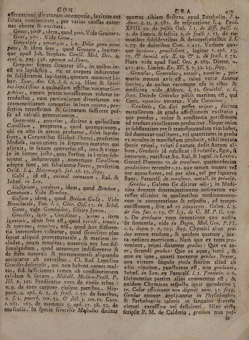 ; GON | * . A 4 . affervationi, dicatarum iütemperie , laxitateaut ' foluta continuitate , per varias cauffas exter- nas oborta &amp;-excitata. - . Genes , yóv&amp; ; idem , quod yová. V ide Genétur 1. Gon; , ys». Vide Gena. Gonyalgía » YoruxNyim , l.e. pans, &amp; idem fere , k zn genu. occu- uod Gonagra , legitur- 'que apud Toh. iis dn Con/il. Med? D conf. 9. pag. 336. operum ed.Venet, | Gorgone? fontes dicuntur illi, in quibus in- eft vis lapidifica , ita ut corpora indurentur in foliditatem lapideam,, quorum meminit Li- bav. Synt. rc. Ch. 1. 6. c. I4. Hinc. &amp; Spiri- tus lapidzficus à quibufdam effitus vocatur Gor- &amp;ohichs , verum przterneceffitatem videtur in- trodu&amp;us , cum particularum diverfarum ex- crementitiarum. concnríus inloco quieto, prx- fertim terreftrium | &amp; falinarum fufficere pot-. fit ad calculi generationem, N Goregontas , yopysius , dicitur a quibufdam Corallium ,. propterea ,. quod quamprimum , ubi ex alto in aerem profertur, folet lapide- fcere, a Corgonibus filiabus Phorci , przfertim Medufa , cujus crines in. ferpentes mutatos qui afpexit, in faxum converfus eft, imo &amp; vireu- le in littore le&amp;w, quas Perfeus. in littóre fub- Jecerat , induruerunt ,; nomenque. Cora/L/um adeptz funt, uti fabulantur Poetz, przfertim Ovid. ]. 4. Metamorph. fab. A6. 17. ESQ v c Gof/el , id eft, animal cormutum . Rnl. &amp; Iohnf. z2 Lex. Ge[fipium , yocavriov , idem  Cotonum. Vide Bombax. ; Go[[um , idem , quod Botium Gule. Vide Bronchacele , For. 7.3. Chir. Obf: 12. £n. Schol. Gorte, vide: Gam£oidez . Ghitta Temou. Gractlis ,. iris. y. Gracilétas , vim; o, item iyyacuós , idem fere eft , quod AerT0s , tenuis, &amp; Aemróms, tenuitas, nifi, quod hzc differen- tia intercedere videatur, quod Gracilizas plus fapiat aliquid preternaturale , &amp; maciem in- -cludat , quam tenuitas; quamvis nec hoc dif: fimulandum , quod utrumque indifferenter &amp; de ftatu naturali &amp; prxternaturali aliquando accipiatur. ab autoribus. Cl. Rof. Lentilius Graciles defcripfit , qui non babent carnes mul- tas, fed fufficientes tamen ob conftitutionem calidam: &amp; ficcam . Mifcell.. Medizo-Pra&amp;, P. III. p. 191. Predicatur vero de variis rebus : v.g. de toto corpore ejufque partibus . Hip- pocr. 4. aph. 6. 2. de fratl. t. «7. de faucibus, 2. f. 1. prorrb, tex. $a. €» fo. 3. tex. t2. Coar, 1.262. 265. de mammis s. apJ. 37. 38. 43. de mufículis. In fpecie Gracil/s Mufeulus dicitur quod Bomba, ^ *? (2L ESRA ; 439. quartus tibiam fleGens apud Bartholin. I4. Jdnat..6. 11... p. S82. de refpiratione /. 4. Epid- XVIII. 1o. de pulíu Gal. /.1. de diff. pulf. c. $- de linteis &amp; fafciis 2. de fract. t. 72. de tu- moribus fabfidentibus &amp;.detumefcentibus 7.7. t, 73. de doloribus Coar. t.491. Verbum: quo- que ievéwvar, gracilefcere , legitur *.apb. 25. «5. O* humid. ufu X. 14. € 2. de fratl. 1.72. Plura .vide apud Foef. Oec. p.289. Dieter. z. 411.412. Linden. Ex. XV. 6.7. 22. 23. /eg9- Graculus, Gracculus , xoNoie , xopaxixs , prie mario nomen avis eft, cujus varie dantum fpecies, de.quibus earumque ufu in cibis &amp; medicina vide Aldrov. /. r2. Oruithol.. c. 6. /e29. Deinde Graculus pifcis marinus. eft, qui Grec. xopexívos vocatur. Vide Coracinas . a Gradatío , Gr. dici poffet x^ípes , dicitug metallorum in gradu affectionum | exaltatio qua pondus , color &amp; conftantia potiffimum ad gradum excellentem perducitur . Neque enim in fubflantiam per fe transfigurandam vim habet, fed duntaxat qualitates, vel quantitates in gradu ex occulto in manifeflum producit , nihil mutata fpecie priori, veluti fi natura dedit Aurum al- bum , Gradatéo id. rubificat :fi volatile, figit, f impurum , purificat &amp;c. Rul. &amp; Iognf. 77 Lexica. Gerard. Dornevus rr. de tranfmut. quatuordecim gradatíones recenfet c,21. que tamen omnes vel: per aquasfortes, vel per olea,vel per liquores fiunt. Paracelf. de traufmur. metall. £a princip. Gradus , Galeno Gr.dicitur «£i 1n Medi- cina denotat determinationem ordinatam ex- ceffus alicujus; in qualitatibus medicamento- . rum in comparatione &amp; refpectu , ad tempe- ratiffimum , five ad và eJuusrpo. Galen. /. 3. de [im, fac. c. 13. € l;1. de C. M. P. G. cap. 2. De egradusm vero inventione qux noflra 'fit fententia, vide /» Dogm. Med. Gen. P.VI. €. 2. dogm.7. 5.703. fegg. Chymici alios | era- dus rerum tradunt,.&amp; quidem quatuor , jux- ta ordines matricum. Nam quz ex terra pro- veniunt, primi dicuntur gradus: Quz ex ae- re , fecundi gradus: Qus ex aqua, tertii , &amp; que ex Igne, quarti vocantur gradas.Porro, -qua virtute íingulo erad4 feorfíim aliud ab alio vincitur, punctorum eft, non graduum, Tohnf. i» Lex. ex Paracelf. /. 2. Paramr. c. 6. Helmontius partim alios commentus eft , &amp; quidem. Chymicos refpe&amp;tu ignis quindecim 5 tr. Calor. efficfenter non. digerit num. 33. fegg. Gradus quoque applicantur in Phyfiologicis &amp; Pathologicis caloris in fanguine diverfe virtuti exceffive vel deficienti. Hinc refe e