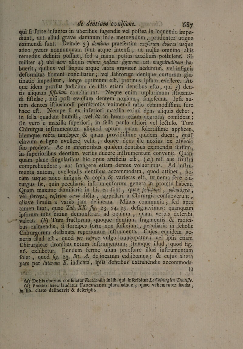 de dentium evulßone. <587 qui fi forte infantes in uberibus fugendis vel poftea in loquendo impe¬ diunt, aut aliud grave damnum inde metuendum, prudenter utique eximendi funt. Deinde 3) dentium praefertim exeforum dolores usque adeo graves nonnunquam funt atque intenfi , ut nullis omnino aliis remediis deliniri poflint, fed a manu potius auxilium poftulent. Si¬ militer 4) ubi dens aliquis minus jufiam figuram vel magnitudinem ha¬ buerit, quibus vel lingua atque labra graviter laeduntur, vel infignis deformitas homini conciliatur, vel. labrorujn denique curtorum glu¬ tinatio impeditur, longe optimum eft;, protinus ipfum evellere. At¬ que idem prorfus judicium de ifbis etiam dentibus elbo, qui 5) den¬ tis aliquam fiflulam concitarunt. Neque enim utplurimum iftiusmo- di fiftulae , nifi poli: evulfum^ dentem noxium , fanefcunt. Ipfa au¬ tem dentes iftiusmodi perniciofos eximendi ratio commodiftima fere haec eft. Nempe fi ex inferiori maxilla eximi dens aliquis debet , in fella quadam humili, vel & in humo etiam aegrotus conlideat; lin vero e maxilla fuperiori, in fella paulo altiori vel le&ulo. Tum Chirurgus inftrumentum aliquod aptum quam folertiflime applicet, idemque retta tantisper & quam providiffime quidem ducat, quali clavum e ligno evellere velit , donec dens ille noxius ex alveolo fuo prodeat. Ac in inferioribus quidem dentibus eximendis furfum, in. fuperioribus deorfum verfus ducere inftrumentum convenit. Quan- quam plane fingularibus hic opus artificiis eft; , (a) nifi aut fruftra comprehendere , aut frangere etiam dentes voluerimus. Ad inftru- menta autem, evellendis dentibus accommodata, quod attinet, ho¬ rum usque adeo infignis & copia & varietas eft, ut nemo fere chi¬ rurgus Ik, quin peculiaria inftrumentcrum genera in proiAtu habeat. Quam maxime familiaria in his ea funt , quae pelicänus , odontagra , vel forceps, roflrum corvi didla , appellari a Chirurgis confueverunt, aliave fimilia a variis jam delineata. Minus communia , fed apta tamen funt, quae Tab. XX. fig. 23. 24. 25. defignavimus: quanquam ipforum ufus citius demonftrari ad oculum , quam verbis defcribi * valeat. ('b) Tum frafctorum quoque dentium fragmentis & radici¬ bus eximendis, fi forcipes forte non fufticiunt, peculiaria in fcholis Chirurgorum deftinata reperiuntur inftrumenta. Cujus equidem ge¬ neris illud eft:, quod pes caprae vulgo nuncupatur ; vel ipfis etiam Chirurgicae tironibus notum inftrumentum, itemque illud, quod fig. 26. exhibetur. Eundem ferme ufum praedare illud inftrumentum folet , quod fig. 23. litt. A. delineatum exhibemus ; & cujus altera pars per litteram B. indicata, ipfis dentibus extrahendis accommoda¬ ta t fh . ■ f r.»r V, - * > “• Tt ’1 * /■> r * t } t ^ v »v ^ . • (a) De his uberius confütelur Fauchardus inlib. qui infcribitur Le Chirurgien Dentiße. (b) Praeter haec laudatus Fauchardus plura adhuc , quae vehementer laudat, jn fib. citato delineavit & defcripfit.