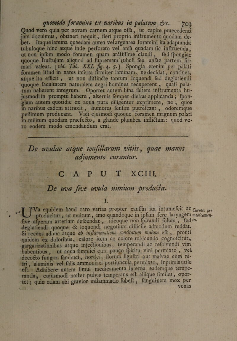 quomodo foramina ex naribus in palatum &c. Quod vero quia per novam carnem atque ofla, ut capite praecedenti jam docuimus, obtineri nequit, fieri proprio inftrumento quodam de¬ bet. Itaque lamina quaedam aurea vel argentea foramini ita adaptanda tubuloque hinc atque inde perforato vel anfa quadam fic inftruenda, ut non ipfum modo foramen quam ar£tiflime claudi, fed fpongiae quoque fruftulum aliquod ad fupremam tubuli feu anfae partem fir¬ mari valeat. [ vid. Tab. XXL fig. 4. 5.] Spongia etenim per palati foramen iftud in nares inferta firmiter laminam, ne decidat, continet, atque ita efficit , ut non diftindte tantum loquendi fed deglutiendi quoque facultatem naturalem aegri homines recuperent , quafi pala¬ tum haberent integrum. Oportet autem bina faltem inftrumenta hu* jusmodi in promptu habere , alternis femper diebus applicanda ; fpon- giam autem quotidie ex aqua pura diligenter exprimere, ne , quos in naribus eadem attraxit , humores fenfim putrefcant , odoremque peffimum producant. Vidi ejusmodi quoque foramen magnum palati in militum quodam praefedlo, a glande plumbea inflidtum: quod ve« ro eodem modo emendandum erat. De uvulae atque tonfillarum vitiis, quae manus adjumento curantur. CAPUT XCIII. De uva five uvula mmmm produBa. I. UVa equidem haud raro varias propter cauflas ita intumefcit ac Curatio per producitur, ut multum, imo quandoque in ipfam fere laryngem medicamen• five afperam arteriam defcendat , ideoque non fpirandi folum , fed^- deglutiendi quoque & loquendi negotium difficile admodum reddat. Si recens adhuc atque ab inflammatione concitatum malum eft , prouti quidem ex doloribus, calore item ac colore rubicundo cognofcitur, gargarizationibus atque inje&ionibus, temperandi ac refolvendi vim habentibus , ut aqua fimplici cum pauco fpiritu vini permixto , vel deco&o fungor, fambuci, hordei, florum ligufiri aut malvae cum ni¬ tri, aluminis vel falis ammoniaci portiuncula permixto, inprimisutile efi. Adhibere autem fimul medicamenta interna eademque tempe¬ rantia, cujusmodi nofier pulvis temperans efi; aliiqim fimiles, opor¬ tet } quin etiam ubi gravior inflammatio fubefl;, fimguinem mox per .. * venas r