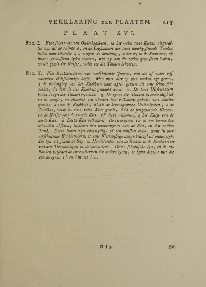 PLAAT XVI. 213' Fig. I. JEenefchets van een Onderkaakbeen, in het welke twee Kiezen uitge vat- len zyn uit de ruimte a, en de Lighaamen der twee daarby ftaande Tanden hellen mar elkander b c wegens de drubbing , welke zy in de Kaauwing op hunne grondfteun lyden moeten, wyl zy aan die zyden geen Jieun hebben, en uit gemis der Kasjes, welke tot die Tanden behoorem Fig. II. Tier Kaakbeenderen van verfckillende Jaaren, van die af welke vyf volkomen JVisfeltanden heeft. Men moet Her op vier zaaken agt geven, i de verlenging van het Kaakbeen naar agter gezien uit eene fchuinfche vlakte, die door de vier Knokkels gemaakt word. 2. De twee Uitjieekzelen boven de lyn der Tanden ryzende. 3. De groey der Tanden in evenredigkeid en in lengte, en eindelyk ten vier den het volkomen-- gedeelte van dezelve grootte. aaaa de Knokkels , bbbb de kroonsgewyze Uitjieekzelen , c de Tandkas, waar in eene vajle Kies groeit, ddd de pasgevormde Kiezen, ee de Kasjes voor de tweede Kies, ff deeze volkomen, g het Kasje van de der de Kies, h Deeze Kies volkomen. De twee lynen ik en im toonen den bepaalden afjiand, tusfchen den zaamengroey aan de Kin, en den zesden Tand. Deeze lynen zyn evenwydig, of ten minjten byna, want in vier verfchillende Kaakbeenderen is eene IViskunftige naauwkeurigheid onmogelyk. De lyn i l fcheid de Sny- en Hondstanden van de Kiezen in de Kinder en en van den Tweepuntigen in de volwasfene. Deeze fchuinfche lyn, en de af- Jlanden tusfchen de twee niter[len der andere lynen, is byna dezelve met die van de lynen i l en i m tot l