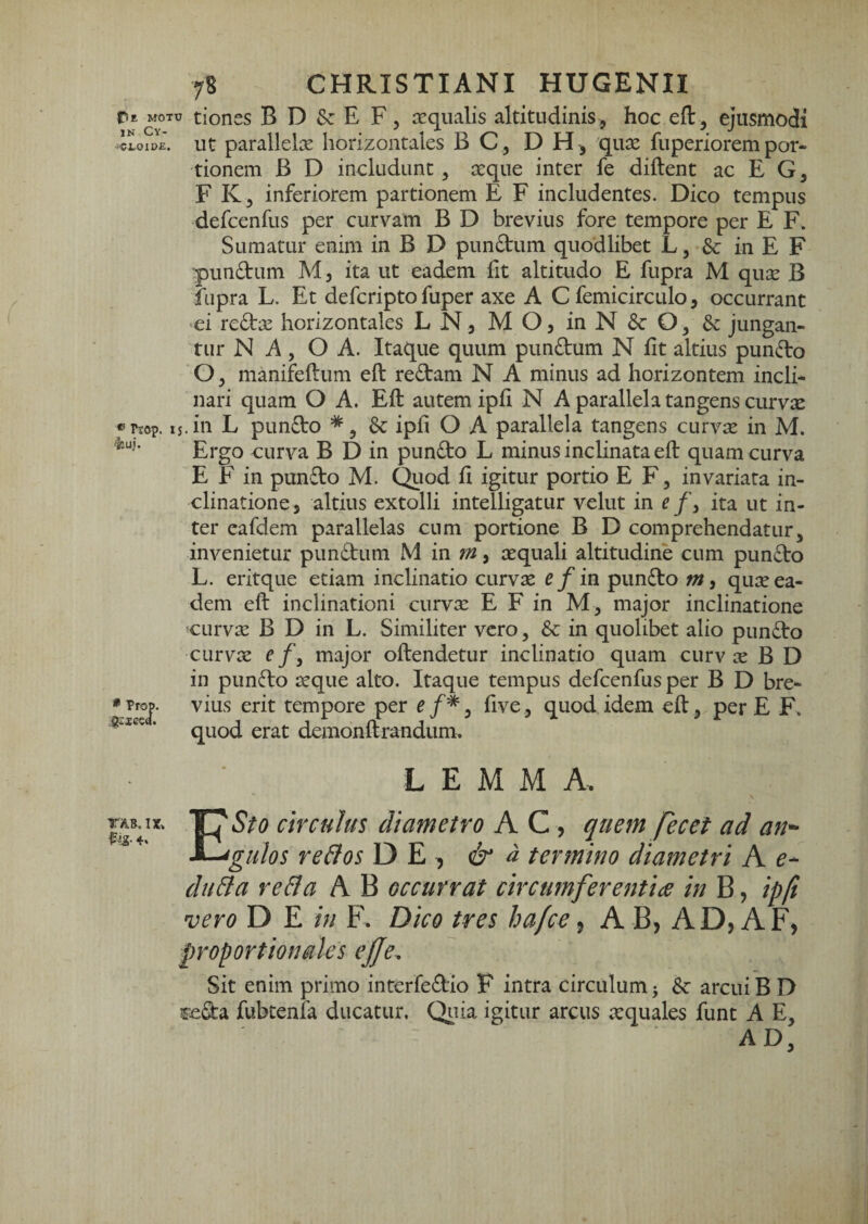 Pe motu tiones B D & E F, sequalis altitudinis, hoc eft, ejusmodi ilowi Ut parallelx horizontales B C, D H, quse fuperiorem por* tionem B D includunt, reque inter fe diftent ac E G, F K, inferiorem partionem E F includentes. Dico tempus 'defcenfus per curvam B D brevius fore tempore per E F. Sumatur enim in B D pun£tum quodlibet L, Sc in E F :pun6tum M, ita ut eadem Ut altitudo E fupra M qure B fupra L. Et defcripto fuper axe A C femicirculo, occurrant ■ei re£tre horizontales L N, M O, in N &■ O, & jungan¬ tur NA, O A. Itaque quum pun£tum N fit altius punfto O, manifeftum eft redam N A minus ad horizontem incli¬ nari quam O A. Eft autem ipfi N A parallela tangens curvre «mp. IS. in L pundo Se ipfi O A parallela tangens curvre in M. Ergo curva B D in pundo L minus inclinata eft quam curva E F in pundo M. Quod fi igitur portio E F, invariata in¬ clinatione, altius extolli intelligatur velut in r/, ita ut in¬ ter eafdem parallelas cum portione B D comprehendatur, invenietur pundum M in w/, requali altitudine cum pundo L. eritque etiam inclinatio curvae e f in pundo m, qure ea¬ dem eft inclinationi curvae E F in M, major inclinatione curvre B D in L. Similiter vero, & in quolibet alio pundo curvre e/, major oftendetur inclinatio quam curv ic B D in pundo leque alto. Itaque tempus defcenfus per B D bre- *Troj). vius erit tempore per five, quod idem eft, per E F. ■ quod erat demonftrandum. LEMMA. circulus diametro A C , quem fecet ad an*- X^gulos redos DE, & a termino diametri A e* duBa reBa A B occurrat circumferentiae in B, ipft vero D E in F. Dico tres hafee, A B, A D, A F, proportionales ejje. Sit enim primo interfedio F intra circulum j &: arcui B D reda fubtenfa ducatur. Qiiia igitur arcus arquales funt A E, AD,