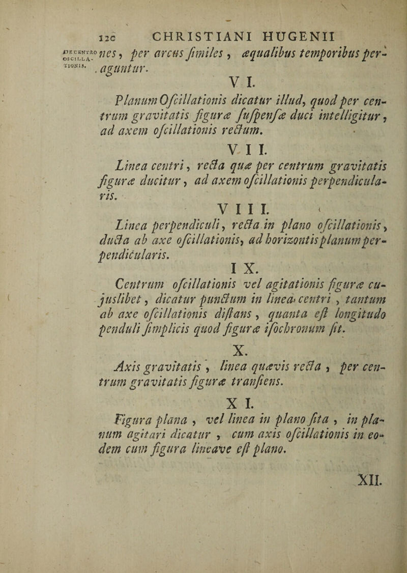 \ I2C CHRISTIANI HUGENII arcus'ftmiles ^ cequaHbus temporibus per'- . aguntur. ^ VI. T10NI3. Vlantm Ofcillationis dicatur illud^ quod per cen¬ trum gravitatis figurae fufpenfae duci mtelligitur, ad axem ofcillationis re&um. V. I I. Linea centrireBa qu^ per centrum gravitatis fiigurie ducitur, ad axem ofcillationis perpendicula¬ ris, ■- V I I L Linea perpendiculi^ re&a in plano ofcillationis^ duBa ab axe ofcillationis^ ad horizontis planum per¬ pendicularis, I X. Centrum ofcillationis vel agitationis figura cu- jusHbet 5 dicatur punBum in lineae centri , tantum ab axe ofcillationis di/lans, quanta efl longitudo penduli fimpHcis quod figura ffochronum fit. X. Axis gravitatis, linea quavis reBa j per cen¬ trum gravitatis figura tranfiens, X I. Figura plana , vel linea in plano fit a , in pla¬ num agitari dicatur j cum axis ofcillationis in eo¬ dem cum figura lineave efi plano. XII.