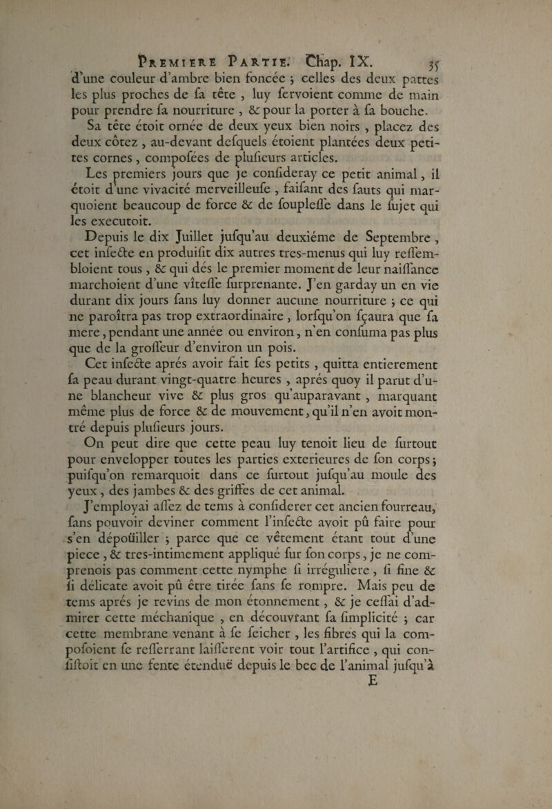 d'une couleur d’ambre bien foncée } celles des deux pattes les plus proches de fa tête , luy fervoient comme de main pour prendre fa nourriture , & pour la porter à fa bouche. Sa tête étoit ornée de deux yeux bien noirs , placez des deux cotez , au-devant dcfquels étoient plantées deux peti¬ tes cornes, compofées de plufieurs articles. Les premiers jours que je confideray ce petit animal, il étoit d’une vivacité merveilleufe , faifant des fauts qui mar- quoient beaucoup de force &: de foupleffe dans le fujet qui les executoit. Depuis le dix Juillet jufqu’au deuxième de Septembre , cet infeéte en produifit dix autres tres-menus qui luy refTem- bloient tous, & qui dés le premier moment de leur naiflancc marchoient d’une vîtefle furprenante. J’en garday un en vie durant dix jours fans luy donner aucune nourriture -, ce qui ne paroîtra pas trop extraordinaire, lorfqu’on fçaura que fa mere, pendant une année ou environ, n’en confuma pas plus que de la grofleur d’environ un pois. Cet infc&e après avoir fait fes petits , quitta entièrement fa peau durant vingt-quatre heures , après quoy il parut d’u¬ ne blancheur vive & plus gros qu’auparavant , marquant même plus de force & de mouvement, qu’il n’en avoit mon¬ tré depuis plufieurs jours. On peut dire que cette peau luy tenoit lieu de furtout pour envelopper toutes les parties extérieures de fon corps j puifqu’on remarquoit dans ce furtout jufqu’au moule des yeux , des jambes ôc des griftes de cet animal. J’employai allez de tems à confiderer cet ancien fourreau, fans pouvoir deviner comment l’infede avoit pû faire pour s’en dépoüiller -, parce que ce vêtement étant tout d’une piece , & tres-intimement appliqué fur fon corps, je ne com- prenois pas comment cette nymphe fi irrégulière, fi fine &: fi délicate avoit pû être tirée fans fe rompre. Mais peu de tems après je revins de mon étonnement, je ceflhi d’ad¬ mirer cette méchanique , en découvrant fa fimplicité j car cette membrane venant à fe feicher , les fibres qui la com- pofoient fe refferrant laiflerent voir tout l’artifice , qui con- îiffoit en une fente étendue depuis le bec de l’animal jufqu’à E