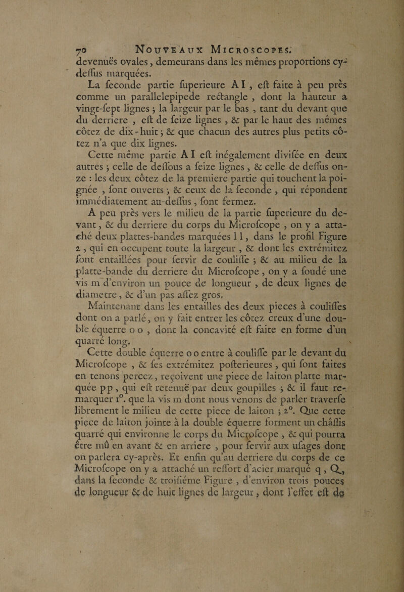 devenues ovales, demeurans dans les mêmes proportions cy~ delTus marquées. La fécondé partie fuperieure AI , eft faite à peu près comme un parallelepipede reétangle , dont la hauteur a vingt-fept lignes -, la largeur par le bas , tant du devant que du derrière , eft de feize lignes , &: par le haut des mêmes cotez de dix-huit} & que chacun des autres plus petits co¬ tez n’a que dix lignes. Cette même partie A I eft inégalement divifée en deux autres -, celle de deftous a feize lignes, & celle de deffus on¬ ze : les deux cotez de la première partie qui touchent la poi¬ gnée , font ouverts} ôé ceux de la fécondé , qui répondent immédiatement au-deftîts, font fermez. A peu près vers le milieu de la partie fuperieure du de¬ vant , oi du derrière du corps du Microfcope , on y a atta¬ ché deux plattes-bandes marquées 11 ? dans le profil Figure z j qui en occupent toute la largeur , & dont les extrémitez font entaillées pour fervir de couliflê & au, milieu de la platte-bande du derrière du Microfeope , on y a foudé une vis m d’environ un pouce de longueur , de deux lignes de diamètre, & d’un pas aftez gros. Maintenant dans les entailles des deux pièces à codifies dont on a parlé, on y fait entrer les cotez creux d’une dou¬ ble équerre o o , dont la concavité eft faite en forme d'un quarré long. Cette double équerre oo entre à codifie par le devant du Microfcope , & fes extrémitez pofterieures , qui font faites en tenons percez, reçoivent une piece de laiton platte mar¬ quée pp , qui eft retenue par deux goupilles & il faut re¬ marquer i°. que la vis m dont nous venons de parler traverfe librement le milieu de cette piece de laiton -, i°. Que cette piece de laiton jointe à la double équerre forment un châftis quarré qui environne le corps du Microfcope , & qui pourra être mû en avant & en arriéré , pour fervir aux ufages dont on parler a cy-après. Et enfin qu’au derrière du corps de ce Microfcope on y a attaché un refiort d'acier marqué q , Q^, dans la fécondé & troifiéme Figure , d’environ trois pouces de longueur U de huit lignes de largeur > dont l'effet eft 4© i /