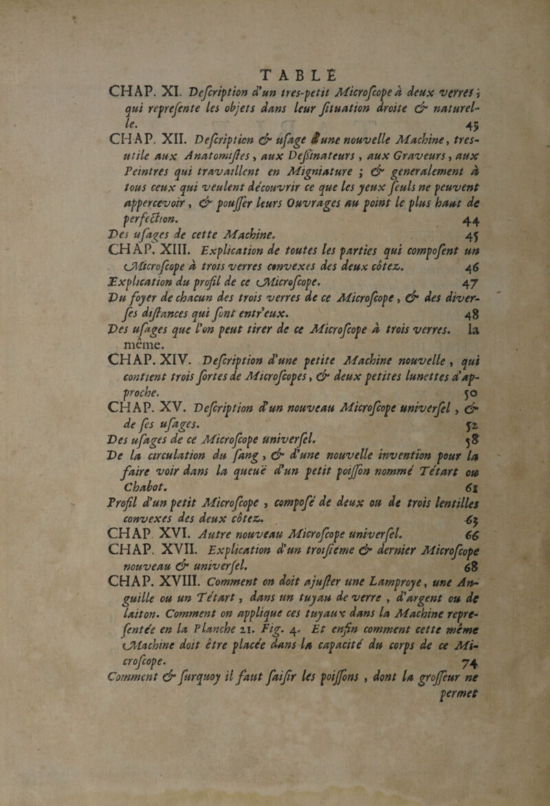 CH A P. XI. Defcription d’un tres-petit Microfcope d deux verres j qui reprefente les objets dans leur fituation droite & naturel¬ le. 45 CH AP. XII. Defcription & ufage £ une nouvelle Machine, très- utile aux Anatomifles, aux Defmateurs , aux Graveurs, aux Peintres qui travaillent en Migniature ; & generalement À tous ceux qui veulent découvrir ce que les yeux feuls ne peuvent appercevoir, & poujfer leurs Ouvrages au point le plus haut de perfection. 44 Des ufage s de cette Machine. 45 CH A P. XIII. Explication de toutes les parties qui compofent un tJMtcrofcope d trois verres convexes des deux cotez. 46 Explication du profil de ce CMicrofcope. 47 Du foyer de chacun des trois verres de ce Microfcope, ô* des diver- fes diflances qui font entr eux. 48 Des ufages que l’on peut tirer de ce Microfcope d trois verres. la même. CH AP. XIV. Defcription d’une petite Machine nouvelle , qui contient trois fortes de Microfcope s, & deux petites lunettes cé ap¬ proche. 50 CH A P. XV. Defcription dé un nouveau Microfcope univerfel, & de fis ufages. 52, Des ufages de ce Microfcope univerfel. 5$ De la circulation du fiang , & d’une nouvelle invention pour la faire voir dans la queue dé un petit poififon nommé Tétart m Chabot. 6k Trofil d’un petit Microfcope , compofé de deux ou de trois lentilles convexes des deux cotez. 4$ CH AP X VI. Autre nouveau Microfcope univerfel. 66 CH AP. XVII. Explication d’un troifiéme & dernier Microfcope nouveau & univerfel. 58 CH A P. XVIII. Comment on doit ajufier une Lamproye, une An¬ guille ou un D étart, dans un tuyau de verre , d’argent ou de laiton. Comment on applique ces tuyaux dans la Machine repre- fente'e en la Planche 11. Fig. 4. Et enfin comment cette meme CMachine doit être placée dans la capacité du corps de ce Mi- crofeope. 74 Comment & furquoy il faut faifir les poijfins , dont la grojfeur ne permet