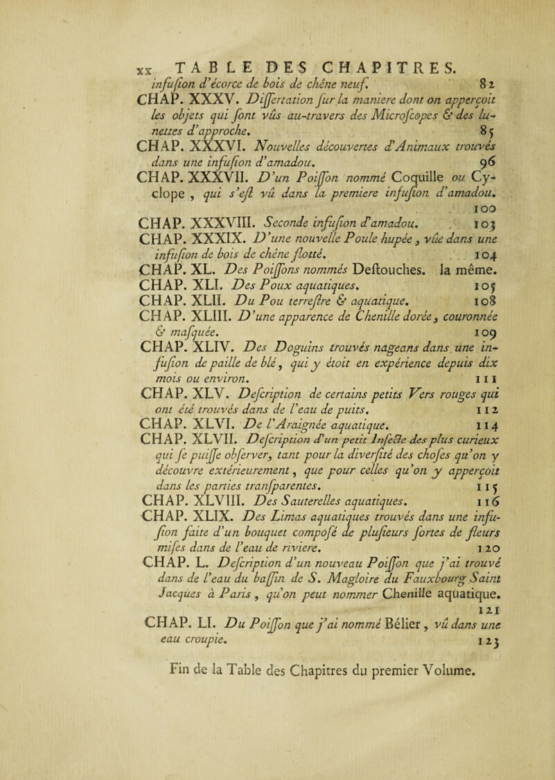 xx TABLE DES CHAPITRES. infufion d’écorce de bols de chêne neuf. 8 2 CHAP. XXXV. Differtation fur la maniéré dont on apperçoit les objets qui font vûs au-travers des Microfcopes & des lu¬ nettes d’approche. 8 J CHAP. XXXVI. Nouvelles découvertes d’Animaux trouvés dans une infufion d’amadou. 96 CHAP. XXXVII. D’un Poijfon nommé Coquille ou Cy- dope , qui s’ejl vu dans la première infufon d’amadou. 100 CHAP. XXXVIII. Seconde infufion d’amadou. 103 CHAP. XXXIX. D ’une nouvelle Poule hupée, vue dans une infufion de bois de chêne flotté. 104 CHAP. XL. Des Poiffons nommés Deftouches. la même. CHAP. XLI. Des Poux aquatiques. ioj CHAP. XL1I. Du Pou terreflre & aquatique. 108 CHAP. XLIII. D’une apparence de Chenille dorée> couronnée & mafquée. 109 CHAP. XLIV. Des Doguins trouvés nageans dans une in- fuflon de paille de blé ? qui y étoit en expérience depuis dix mois ou environ. 111 CHAP. XLV. Defcription de certains petits Vers rouges qui ont été trouvés dans de l’eau de puits. 112 CHAP. XL.VI. De VAraignée aquatique. il4 CHAP. XL VII. Defcription dé un petit Infecle des plus curieux oui fe puifje obferver, tant pour la diverflté des chofes qu’on y découvre extérieurement, que pour celles qu’on y apperçoit dans les parties tran[parentes. 11 j CHAP. XLVIII. Des Sauterelles aquatiques. 116 CHAP. XLIX. Des Limas aquatiques trouvés dans une infu¬ fion faite d’un bouquet compofé de plufieurs fortes de fleurs mifes dans de l’eau de riviere. 120 CHAP. L. Defcription d’un nouveau Poijfon que j’ai trouvé dans de l’eau du b afin de S. Ma gloire du Fauxbourg Saint Jacques à Paris , quon peut nommer Chenille aquatique. 121 CHAP. LI. Du Poijfon que j’ai nommé Bélier ? vu dans une eau croupie. 123 Fin de la Table des Chapitres du premier Volume.