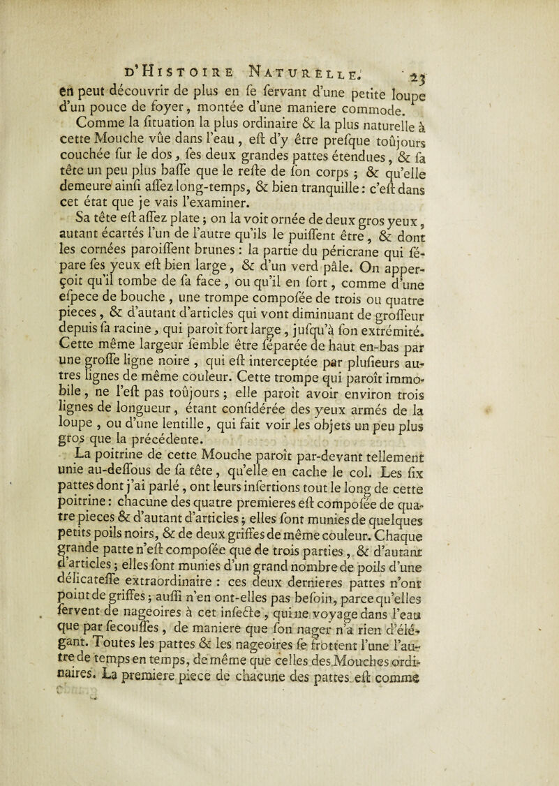 en peut découvrir de plus en le fervant d’une petite loupe d’un pouce de foyer, montée d’une maniéré commode. Comme la fituation la plus ordinaire & la plus naturelle à cette Mouche vûe dans l’eau , eft d’y être prefque toûjours couchée fur le dos, fes deux grandes pattes étendues, & fa tête un peu plus baffe que le refte de fon corps ; & quelle demeure ainfi affez long-temps, & bien tranquille: c’eftdans cet état que je vais l’examiner. Sa tête eft affez plate ; on la voit ornée de deux gros veux, autant écartés l’un de l’autre qu’ils le puiffent être , & dont les cornées paroiffent brunes : la partie du péricrane qui fé- pare fes yeux eft bien large , & d’un verd pâle. On apper- çoit qu il tombe de la face , ou qu’il en fort, comme d’une efpece de bouche , une trompe compofée de trois ou quatre pièces, & d’autant d’articles qui vont diminuant de groffeur depuis fa racine, qui paraît fort large , jufqu’à fon extrémité. Cette même largeur femble être féparée de haut en-bas par une groffe ligne noire , qui eft interceptée par plufieurs au¬ tres lignes de même couleur. Cette trompe qui paraît immo¬ bile , ne l’eft pas toûjours ; elle paraît avoir environ trois lignes de longueur, étant confidérée des yeux armés de la loupe , ou d’une lentille, qui fait voir les objets un peu plus gros que la précédente. La poitrine de cette Mouche paraît par-devant tellement unie au-deffous de fa tête , quelle en cache le col. Les fix pattes dont j’ai parlé, ont leurs infertions tout le long de cette poitrine : chacune des quatre premières eft compofée de qua¬ tre pièces & d’autant d’articles ; elles font munies de quelques petits poils noirs, & de deux griffes de même couleur. Chaque grande patte n’eft compofée que de trois parties , & d autant d articles ; elles font munies d’un grand nombre de poils d’une délicateffe extraordinaire : ces deux dernieres pattes n’ont point de griffes ; auffi n’en ont-elles pas befoin, parce qu’elles fervent de nageoires à cet infeéle , quine voyage dans l’eau que par fecouffes , de maniéré que fon nager n’a rien d élé¬ gant. Toutes les pattes & les nageoires fe frottent l’une l’au¬ tre de temps en temps, de même que celles des Mouches ordi¬ naires. La première piece de chacune des pattes eft comms S*' V- •