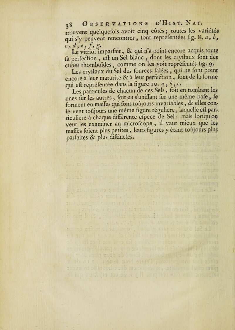 -8 Observations d’Hist. Nat. trouvent quelquefois avoir cinq côtés ; toutes les variétés qui s’y peuvent rencontrer, font repréfentées fi g. 8. a, b, c , d, £ , j # Le vitriol imparfait, & qui n’a point encore acquis toute fa perfection , eft un Sel blanc , dont les cryftaux font des cubes rhomboïdes, comme on les voit repréfentés fig. 9. Les cryftaux du Sel des fources falées, qui ne font point encore à leur maturité & à leur perfection , font de la torme qui eft repréfentée dans la figure iq. a , b, c. Les particules de chacun de ces Sels, foit en tombant les unes fur les autres, foit en s’unifiant fur une même bafe , fe forment en mafles qui font toûjours invariables, & elles con- fervent toûjours une même figure régulière, laquelle eft par?, ticuliere à chaque différente efpece de Sel : mais lorfqu’oa veut les examiner au microfcope , il vaut mieux que les maffes foient plus petites, leurs figures y étant toûjours plus parfaites & plus diftinftes.