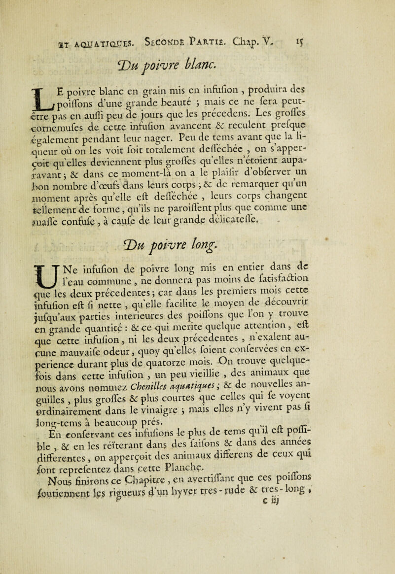 *Du poivre blanc. LE poivre blanc en grain mis en infofion , produira des poiffons d une grande beauté ; mais ce ne fera peut- ctre pas en auffi peu de jours que les précédons. Les grottes cornemufes de cette infufion .avancent 6e reculent pLcfquc également pendant leur nager. Peu de tems avant que la li¬ queur ou on les voit foit totalement deftechee , on s appor¬ tait quelles deviennent plus grottes qu’elles nétoient aupa¬ ravant j 6e dans ce moment-là on a le plaifir d’obferver un bon nombre d’œufs dans leurs corps ;Sc de remarquer qu’un moment après qu elle eft deftechee , leurs corps cnangent tellement de forme , qu’ils ne paroittent plus que comme une f natte confufe , à caufe de leur grande délicate île. jDu poivre long, U Ne infufion de poivre long mis en entier dans de l’eau commune , ne donnera pas moins de fatisfaétion que les deux précédentes j car dans les premiers mois cette infufion eft fi nette , qu’plie facilite le moyen de découvrir jufqu’aux parties intérieures des poiffons que 1 on y trouve en grande quantité : 6r ce qui mérité quelque attention , eft que cette infufion , ni les deux precedentes , nexalent au¬ cune mauvaife odeur, quoy quelles foie-nt confervées en ex¬ périence durant plus de quatorze mois. On trouve quelque¬ fois dans cette infufion , un peu vieillie , des animaux que nous avons nommez Chenilles aquatiques ; 6c de nouvelles an¬ guilles , plus grottes 6c plus courtes que celles qui fe voyent ordinairement dans le vinaigre j mais elles n y vivent pas i iong-tems à beaucoup prés. , ^ En confervant ces infufions le plus de tems qu il eit polli- ble , de en les réitérant dans des faifons 6c dans des années differentes, on apperçoit des animaux differens de ceux qui font reprefentez dans pette Planche. ^ Nous finirons ce Chapitre , en ayertiffant que ces pou ons foutiennçnt Ips rigueurs d’un hyver très - rude 6c très - long » * €