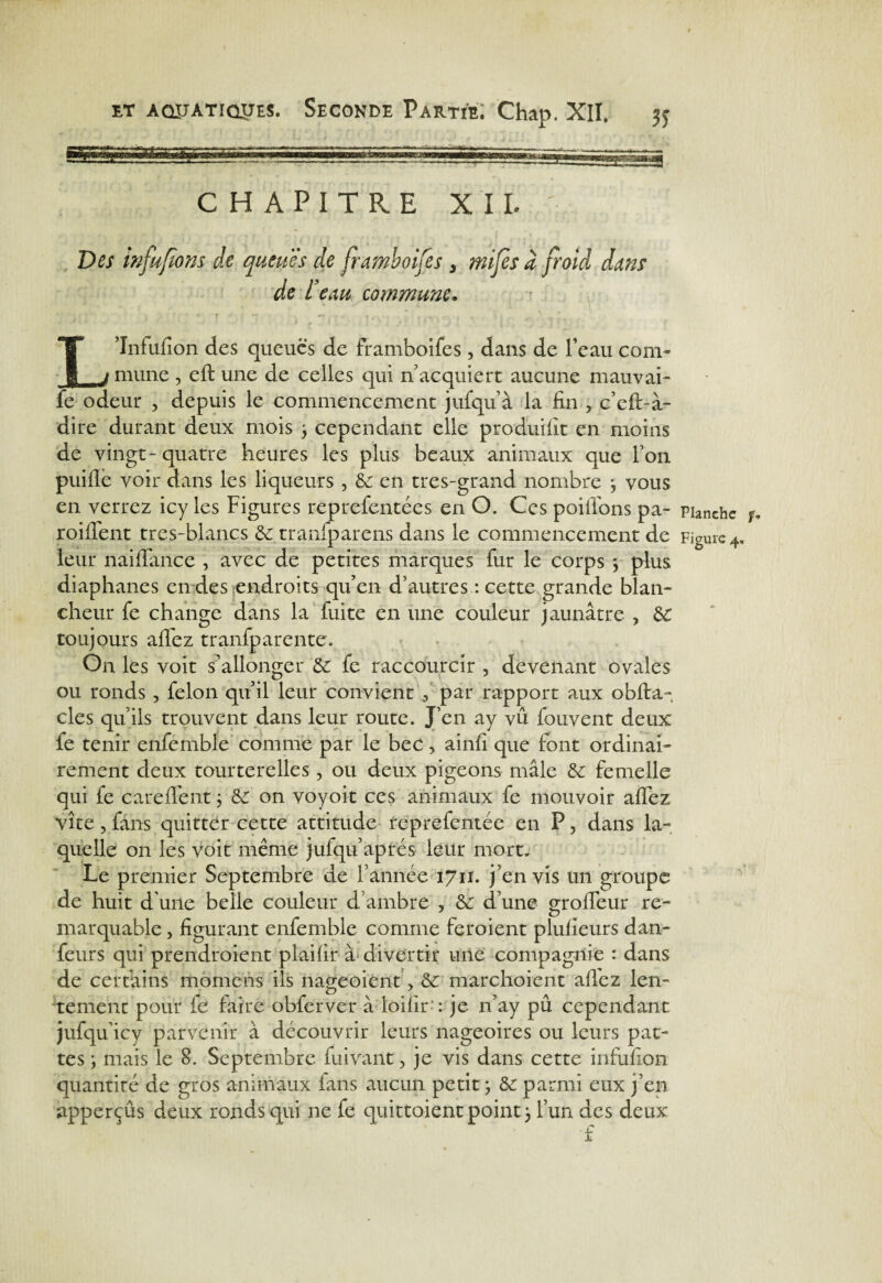 CHAPITRE XIL Des injufîons de queues de framboijes 3 mifes à froid dans de l em commune. L’Infulîon des queues de framboifes, dans de l’eau conu mune , eft une de celles qui n’ acquiert aucune mauvai- fe odeur , depuis le commencement jufqu’à la fin , c’eft-à- dire durant deux mois 3 cependant elle produifit en moins de vingt-quatre heures les plus beaux animaux que Ton puifle voir dans les liqueurs , de en très-grand nombre -, vous en verrez icy les Figures reprefentées en O. Ces poiffons pa¬ rodient tres-blancs de tranfparens dans le commencement de leur naiflance , avec de petites marques fur le corps 3 plus diaphanes en des endroits qu’en d’autres : cette grande blan¬ cheur fe change dans la fuite en une couleur jaunâtre , de toujours allez tranfparente. On les voit s’allonger de fe raccourcir , devenant ovales ou ronds, félon qu’il leur convient 9 par rapport aux obflra- clés qu’ils trouvent dans leur route. J’en ay vû fouvent deux fe tenir enfemble comme par le bec > ainfi que (ont ordinai¬ rement deux tourterelles, ou deux pigeons mâle de femelle qui fe careflent 3 de on voyoit ces animaux fe mouvoir allez vite, fans quitter cette attitude reprefentée en P, dans la¬ quelle on les voit même jufqu’apres leur mort. Le premier Septembre de l’année 1711. j’en vis un groupe de huit d une belle couleur d’ambre , de d’une grolïeur re¬ marquable , figurant enfemble comme feroient plulieurs dan- feurs qui prendroient plailir divertir une compagnie : dans de certains momens ils nageoient > de marchoient allez len¬ tement pour fe faire obferver à loilir• : je n’ay pu cependant jufqu’icy parvenir à découvrir leurs nageoires ou leurs pat¬ tes ; mais le 8. Septembre fuivant, je vis dans cette infufion quantité de gros animaux lans aucun petit ; de parmi eux j’en apperçûs deux ronds qui ne fe quittaient point 3 l’un des deux Planche f.