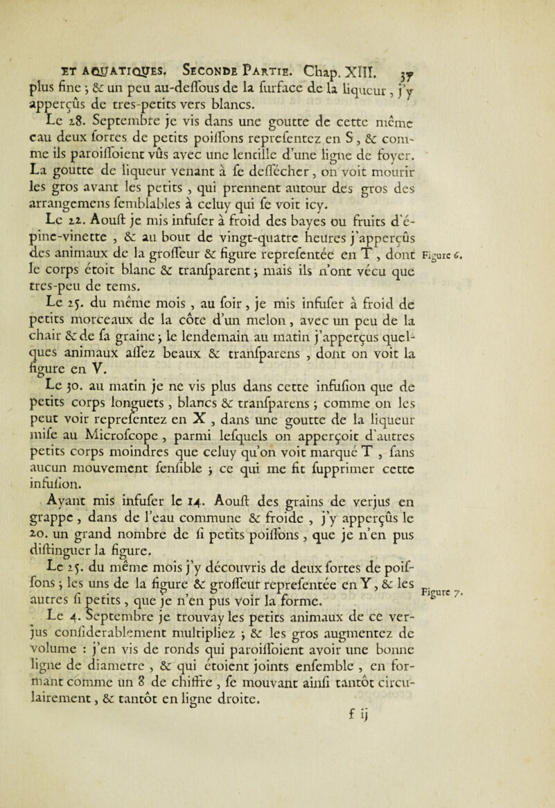 plus fine 3 6e un peu au-deffous de la furface de la liqueur , j’y apperçûs de tres-petits vers blancs. Le 18. Septembre je vis dans une goutte de cette même eau deux fortes de petits poiflons reprefentez en S, & com¬ me ils paroilToient vus avec une lencille dune ligne de foyer. La goutte de liqueur venant à fe deffécher, on voit mourir les gros avant les petits , qui prennent autour des gros des arrangemens femblables à celuy qui fe voit icy. Le 12. Aoufi: je mis infufer à froid des bayes ou fruits d'é- pinc-vinette , 6e au bout de vingt-quatre heures j’apperçûs des animaux de la groffeur 6e figure reprefentée en T , dont le corps étoit blanc 6e tranfparent 3 mais ils n’ont vécu que tres-peu de teins. Le 25. du meme mois , au foir, je mis infufer à froid de petits morceaux de la côte d’un melon, avec un peu de la chair 6e de fa graine 3 le lendemain au matin j’apperçus quel¬ ques animaux allez beaux 6e tranfparens , dont on voit la figure en V. Le 30. au matin je ne vis plus dans cette infiifion que de petits corps longuets , blancs 6e tranfparens 3 comme on les peut voir reprefentez en X , dans une goutte de la liqueur mife au Microfcope , parmi lefquels on apperçoit d'autres petits corps moindres que celuy qu’on voit marqué T , fans aucun mouvement fenfible 3 ce qui me fit fupprimer cette infiifion. Ayant mis infufer le 14. Aouft des grains de verjus en grappe , dans de l’eau commune Ôe froide , j’y apperçûs le 2.0. un grand nombre de fi petits poiflbns, que je n’en pus diftinguer la figure. Le 15. du même mois j’y découvris de deux fortes de poif- fons 3 les uns de la figure ôe groffeur reprefentée en Y, 6e les autres fi petits, que je n’en pus voir la forme. Le 4. Septembre je trouvay les petits animaux de ce ver¬ jus confiderablement multipliez 3 6e les gros augmentez de volume : j’en vis de ronds qui paroifloient avoir une bonne ligne de diamètre , 6e qui étoient joints enfemble , en for¬ mant comme un 8 de chiffre , fe mouvant ainfi tantôt circu- lairement, 6e tantôt en ligne droite. Figure C, Figure 7.