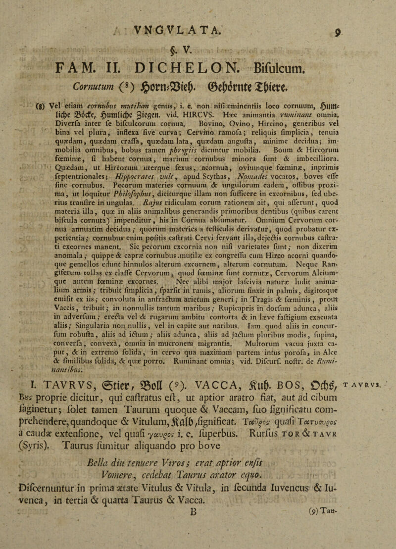- - §■ v. FAM. II. DICHELON. Bifulcum. Cornutum (8 ) £otm*23te(>. ©e^rtite Xftierc. (g) Vel etiam cornubus mutilum genus, i. e. non nifi eminentiis loco cornuum, Jfjuttte lic^e 256cfe, fjutttlicfK v^« HIRCVS. Hxc animantia ruminant omnia. Diverfa inter fe bifculcorum cornua. Bovino, Ovino, Hircino, generibus vel bina vel plura, inflexa five curva; Cervino ramofa; reliquis fimplicia, tenuia quxdam, quxdam crafla, quaedam lata, quaedam angufta, minime decidua; im¬ mobilia omnibus, bobus tamen pbrygiis dicuntur mobilia. Boum & Hircorum fceminae, fi habent cornua, marium cornubus minora funt & imbecilliora. Quaedam, ut Hircorum uterque fexus, acornua, oviumque fceminae, inprimi* feptentrionales; Hippocrates vult, apud Scythas, Nomades vocatos, boves efle fine cornubus. Pecorum materies cornuum & ungulorum eadem, oflibus proxi¬ ma, ut loquitur Pbilofophus, diciturque illam non fufficere in excornibus, fed ube¬ rius tranfire in ungulas. Rajus ridiculam eorum rationem ait, qui allerunt, quod materia illa, qux in aliis animalibus generandis primoribus dentibus (quibus carent bifcula cornuta) impenditur, his in Cornua abfumatur. Omnium Cervorum cor¬ nua annuatim decidua; quorum materies a tefticulis derivatur, quod probatur ex¬ perientia; cornubus enim pofitis caftrati Cervi fervant illa, dejectis cornubus caftra- ti exeornes manent. Sic pecorum excornia non nifi varietates funt; non dixerim anomala; quippe & caprx cornubus .mutilae ex congreflii cum Hirco acorni quando¬ que gemellos edunt hinnulos alterum excornem, alterum cornutum. Neque Ran* gifentm tollas ex clafie Cervorum, quod fceminae funt cornutae, Cervorum Alcium¬ que autem fceminae excornes. Nec alibi major lafcivia naturx ludit anima¬ lium armis; tribuit fimplicia, fparfit in ramis, aliorum finxit in palmis, digitosque emifit ex iis; convoluta in anfractum arietum generi; in Tragis & fceminis, proilt Vaccis, tribuit; in nonnullis tantum maribus; Rupicapris in dorfum adunca, aliis in adverfum; erefta vel & rugarum ambitu contorta & in Ixve faftigium exacuata aliis; Singularia nonnullis, vel in capite aut naribus. Iam quod aliis in concur- fum robufta, aliis ad ifhmi; aliis adunca, aliis ad jactum pluribus modis, fupina, converfa, convexa, omnia in mucronem migrantia. Multorum vacua juxta ca¬ put, & in extremo folida, in cervo qua maximam partem intus porofa, in Alce & fimilibus folida, & qux porro. Ruminant omnia; vid. Difcurf. noftr. de Rumi¬ nantibus. i. tavrvs, @tier, SoH (*)• vacca, bos, DcH TAVRVS* Bw proprie dicitur, qui cafiratus eft, ut aptior aratro fiat, aut aci cibum fiaginetur; folet tamen Taurum quoque & Vaccam, fuo fignificatu com¬ prehendere, quandoque (St Vitulum, /fignificat. Tuvqcs quali Tutvov^os a caudae extenlione, vel quali yccv^os i. e. fuperbus. Rurfus tor^tavr (Syris). Taurus fumitur aliquando pro bove Bella diu renuere Viros i erat aptior enfis Vomere, ce dei at Taurus arator equo. Difcernuntur in prima aetate Vitulus & Vitula, in fecunda Iuvencus & Iu- venca, in tertia (St quarta Taurus <St Vacca. B (9) Tau-