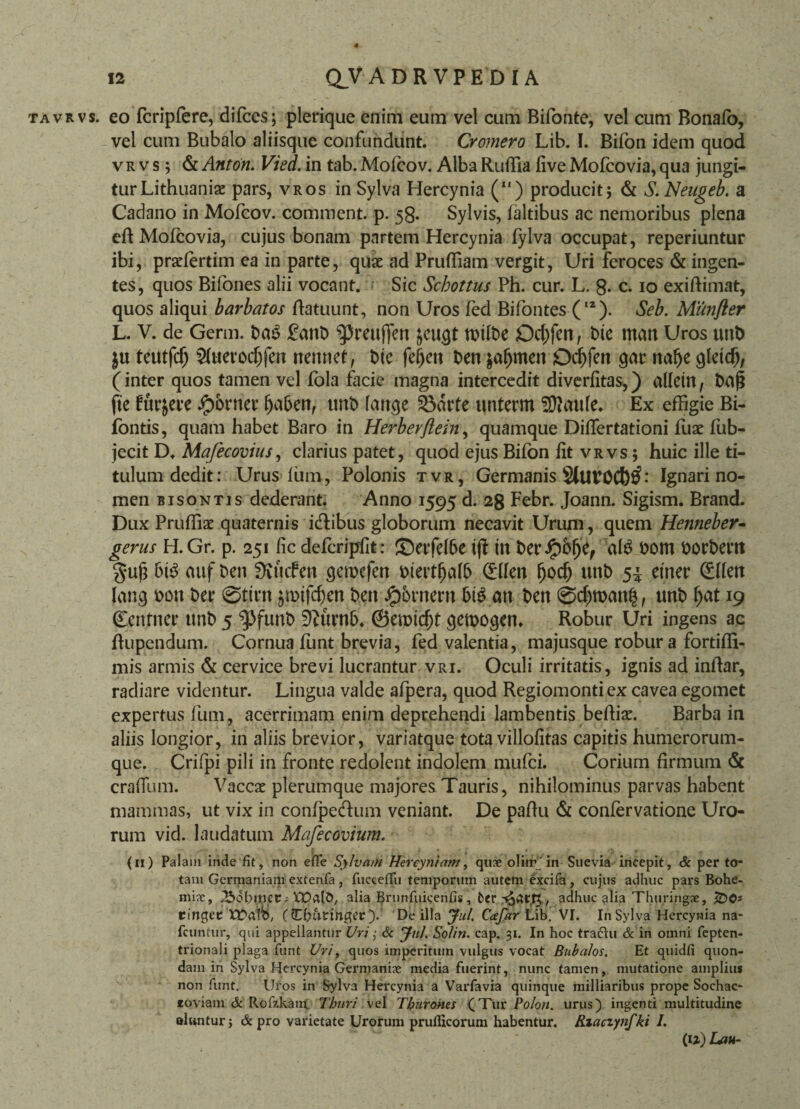 tavrvs. eo fcripfere, difccs; plerique enim eum vel cum Bifonte, vel cum Bonafo, vel cum Bubalo aliisque confundunt. Cromero Lib. I. Bifon idem quod vRvsj & Anton. Vied. in tab. Mofcov. Alba Ruffia live Mofcovia, qua jungi- turLithuanise pars, vros in Sylva Hercynia (“) producit; & S.Neugeb. a Cadano in Mofcov. comment. p. 58. Sylvis, faltibus ac nemoribus plena efi Mofcovia, cujus bonam partem Hercynia fylva occupat, reperiuntur ibi, prafertim ea in parte, quae ad Prufiiam vergit, Uri feroces & ingen¬ tes, quos Bifones alii vocant. Sic Scbottus Ph. cur. L. 8. c. 10 exi Rimat, quos aliqui barbatos Ratuunt, non Uros fed Bifontes (12). Seb. Munfler L. V. de Germ. baS £anb tbtfbe Od)fen, t>te man Uros unt> $u tcutfcf; 5(uerod)fcit nemtet, bte fcfyen ben $afjmen Ddjfen qar nafje qletd), (inter quos tamen vel fola facie magna intercedit diverfitas,) alletn, bafj ftc fudere Jg>brner fjaben, unb lattqe unterm SDhutfe. Ex effigie Bi- fontis, quam habet Baro in Herberftein, quamque DiRertationi fuae fub- jecit D, Mafecovius, clarius patet, quod ejus Bifon fit vrvs ; huic ille ti¬ tulum dedit: Urus ium, Polonis tvr, Germanis : Ignari no¬ men bisontis dederant. Anno 1595 d. 2g Febr. Joann. Sigism. Brand. Dux Prufliae quaternis icRibus globorum necavit Urum, quem Henneber- gerus H.Gr. p. 251 fic defcripfit: £)etfef6e tjf in ber#bf)e, TaB bom borbern gujj 6t$ mif ben SKucfen qcnxfen bierrtjafb (Hfen {)odj unb 5^ einer (ERen fanq bon ber 0tirn jmtfcfien ben Jpontern 5tS an ben 0d)roan$, unb (jat 19 Cenfner unb 5 ‘ipfunb 0?uvn&. ©eroic^t qemoqen* Robur Uri ingens ac Rupendum. Cornua funt brevia, fed valentia, majusque robur a fortifli- mis armis & cervice brevi lucrantur vri. Oculi irritatis, ignis ad inRar, radiare videntur. Lingua valde afpera, quod Regiomontiex cavea egomet expertus fum, acerrimam enim deprehendi lambentis beRiae. Barba in aliis longior, in aliis brevior, variatque tota villofitas capitis humerorum¬ que. Crifpi pili in fronte redolent indolem mufci. Corium firmum & crattum. Vaccae plerumque majores Tauris, nihilominus parvas habent mammas, ut vix in confpe&um veniant. De pafiu & confervatione Uro¬ rum vid. laudatum Mafecovium. (11) Palam inde fit, non efle Sylvarti Hercyniam, quae olimin Suevia incepit, & per to¬ tam Germaniam extenfa , fuccefiii temporum autem excifa, cujus adhuc pars Bohe- mix, ^dbineC i XPftfO, alia Brunfuicenfis, btr adhuc alia Thuririgse, &0* tiriQet XPa&i, ( Cburingcr ). De illa Jul. Cafar Lib. VI. In Sylva Hercynia na- fcuntur, qui appellantur Uri; & “Jul. So/in. cap. 31. I11 hoc tra6hi & in omni fepten- trionali plaga funt Uri, quos imperitum vulgus vocat Bubalos. Et quidfi quon¬ dam in Sylva Hercynia Germanise media fuerint, nunc tamen, mutatione amplius non funt. Ufos in Sylva Hercynia a Varfavia quinque milliaribus prope Sochac- eoviam & Rofzkant Thuri vel Tburones {Tur Polon. urus) ingenti multitudine aluntur j & pro varietate Urorum pruflicorum habentur. Riaczynfki /. (ii) Lcm-