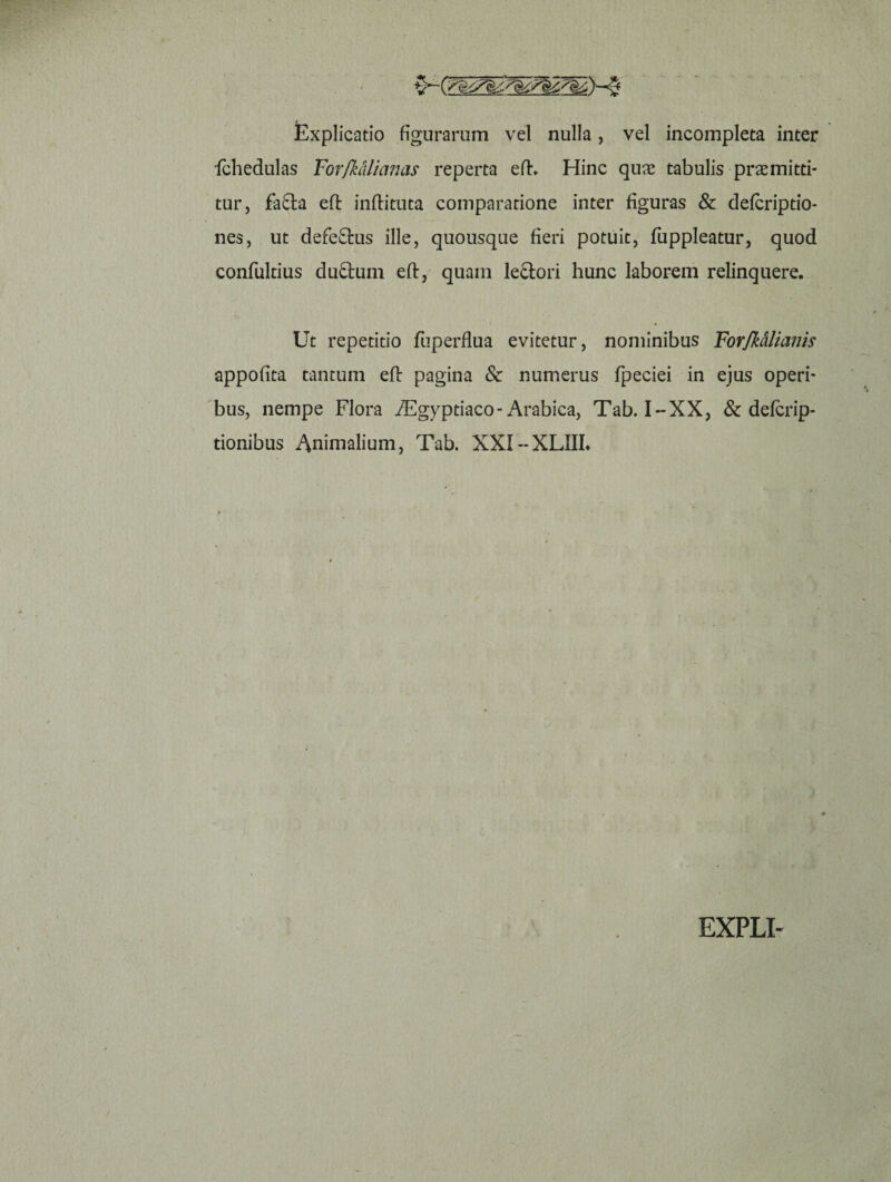 Explicatio figurarum vel nulla, vel incompleta inter fchedulas Torfk&lianas reperta eft, Hinc quae tabulis praemitti¬ tur, fafta eft inftituta comparatione inter figuras & defcriptio- nes, ut defectus ille, quousque fieri potuit, fuppleatur, quod confultius duftum eft, quam lectori hunc laborem relinquere. Ut repetitio fuperflua evitetur, nominibus Forfkalianis appofita tantum eft pagina & numerus fpeciei in ejus operi¬ bus, nempe Flora iEgyptiaco-Arabica, Tab. I--XX, & defcrip- tionibus Animalium, Tab. XXI--XLIIL