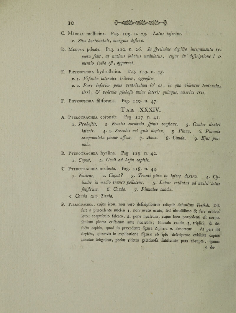 C. Medusa mollicina. Pag. 1C9. n. 25. Latus inferius. c. Situ horizontali, margine deflexo. D. Medusa pileata. Pag. 110. n. 26. In fpecimine depicto integumenta re¬ mota flant, ut nucleus lobatus undulatus, cujus in deferiptione l, c* mentio fati a ejt, appareat. E. Physsophgra liydroflatica. Pag. 119. n. 45. c. 1. Veficulce laterales trilohce, opp offer. e. 2. Pars inferior pone ventriculum 6F os, in (pia videntur tenta cula, cirri, Lfi ve ficula’ globofir unius lateris quinque, alterius tres, F. Physsophora filiformis. Pag. 120. n. 47. Tab, XXXIV. A. Pterotrachea coronata. Pag. 117. n. 41. 1. Probo ficis. 2. Frontis coronula /pinis conflans, 3. Oculus dextri lateris. 4. 4. Sacculus vel gula duplex. 5. Pinna. 6. Pinnula campanulata pinnae affixa. 7. Anus. g. Cauda. 9. Ejus pin¬ imice. B. Pterotrachea hyalina. Pag. ng. n. 42. 1. Caput. 2. Oculi ad bafln capitis. * '■ '  ' ' t- C. Pterotrachea aculeata. Pag. ug. n. 44. 1. Nucleus. 2. Caput? 3. Trunci plica in latere dextro. 4, Qj- Under in medio trunco pellucens. 5. Lobus criflatns ad nuclei latus finflrum. 6. Cauda. 7. Pinnulae caudee. c. Cauda cum Tenii a. 5). Pterotrachea, cujus icon, non vero deferiptionetn reliquit defunctus Forfkdl, Dif¬ fert 0 praecedente nucleo 1. non ovato acuto, fed obtufidimo & fere orbicu¬ lato; corpufculo falcato, 2. pone nucleum, cujus loco praecedenti eft eorpu- fculum pluma criftatum ante nucleum; Pinnula caudae 3. triplici; & de¬ fectu capitis, quod in praecedente figura Ziphera 2. denotatur. At pars ibi depicta, quamvis in explicatione figurae ab ipfo deferiptore exhibita capitis nomine mfignitur, potius videtur geiatinofae fubftantiae pars abrupta, quum e de-