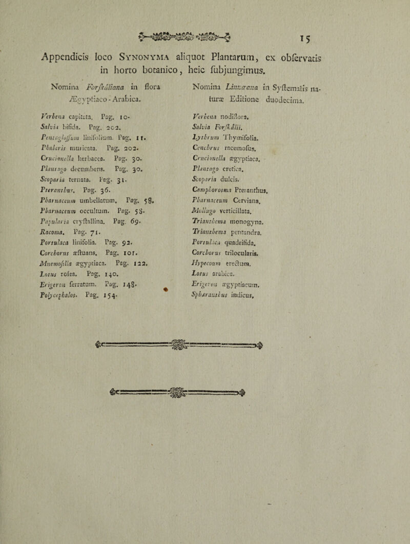 Appendicis loco Synonyma aliquot Plantarum, ex obfervatis in horto botanico, heic fubjungimus. Nomina Forjkdliana in flora /E^yptiaco - Arabica. Verlena capitata. Pag. 10- Snlvia bifida. Pag. 202. Pentaglojfum lmifolium. Pag. ir. Phalaris muricata. Pag. 202. Crucianelln herbaceo. Pag. 30. Plantago decumbens. Pag. 30, Scopar ia ternata. Pag. 31. P terant/jus. Pag. 36. Pharnaccam umbellarum, Pag. 58, Pbarnaceum occultum. Pag. 58. Popularia cryftnllina. Pag. 69. Racoma. Pag. 71. Portulaca linifolia. Pag. 92. Cor chorus aeftuans. Pag. ioi. Mnemofilla sgyptiaca. Pag. 122. Lotus rolea. Pag. 140. Erigeron ferratum. Pag. 148, Poljcephalos. Pag. 154. Nomina Linnttana in Syftematis na¬ turae Editione duodecima. Verhenn nodiflora. Salvia For'kalii. Lytbrum Thyinifolia. Ccnchrus rneemofus. Crucimella ffgyptiaca. Plantago cretica, Scoparia dulcis. Camplorosma Pteianfhus. Pbarnaceum Cerviana, Moliugo verticillata. Triantbcma monogyna. Trianthema pentandra. Portulaca quadrifida. Corchorus trilocularis. Hypecoum erectum. Lotus arabica. Erigeron argyptiacum. Sphxrautlus indicus.