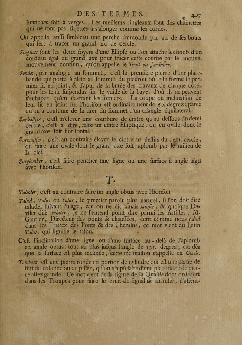 branches foit à verges. Les meilleurs fingleaux font des chaînettes qui ne font pas fujettes à s’alonger comme les cordes. On appelle auffi fimbleau une perche immobile par un de fes bouts qui fert à tracer un grand arc de cercle. Singliots font les deux foyers d’une Ellipfe ou l’on attache les bouts d’un cordeau égal au grand axe pour tracer cette courbe par le mouve- mouveinent continu , qu’on appelle le Trait ou Jardinier. Somier, par analogie au fommet , c’eft la première pierre d’une plate- bande qui porte à plein au fommet du piédroit où elle forme le pre¬ mier lit en joint, & Papui de la butée des clavaux de chaque côté, pour les tenir fufpendus fur le vuide de la baye, d’où ils ne peuvent s’échaper qu’en écartant les fomiers. La coupe ou inclinaifon de leur lit en joint fur l’horifon eft ordinairement de 60. degrez ; parce qu’on a coutume de la tirer du fommet d’un triangle équilatéral. Surbaijfer , c’eft n’élever une courbure de cintre qu’au delfous du demi cercle , c’eft - à - dire, faire un cintre Elliptique, ou en ovale dont le grand axe foit horifontal. Sftrhaujfer, c’eft au contraire élever le cintre au deftlis du demi cercle, ou faire une ovale dont le grand axe foit aplomb par le milieu de la clef. Surplomber, c’eft faire pencher une ligne ou une furface à angle aigu avec l’horifon. Taluder, c’eft au contraire faire un angle obtus avec l’horifon. Talud, Talus ou Talut, le premier paroît plus naturel, fi l’on doit dire taluder fuivant l’ufa^e, car on ne dit jamais t alu fer, & quoique Da- viler dife taluter, je ne l’entend point dire parmi les Artiftes ; M. Gautier, Dire&eur des ponts & chauffées, écrit comme nous talud dans fes Traitez des Ponts & des Chemins, ce mot vient du Latin Talus, qui fignifîe le talon. C’eft llnclinaifon d’une ligne ou d’une furface au - delà de l’aplomb en angle obtus, tout au plus jufquà l’angle de 13^. degrez; cardés que la furface eft plus inclinée, cette inclinaifon s’appelle en Glacis. Tambour eft une pierre ronde en portion de cylindre qui eft une partie de fuft de colonne ou de pilier, qu’on n’a pû faire d’une piece faute de pier¬ re aftéz grande. Ce mot vient de la ligure de la Quaiffe dont onfe fert dans les Troupes pour faire le bruit du lignai de marche , d’affem-
