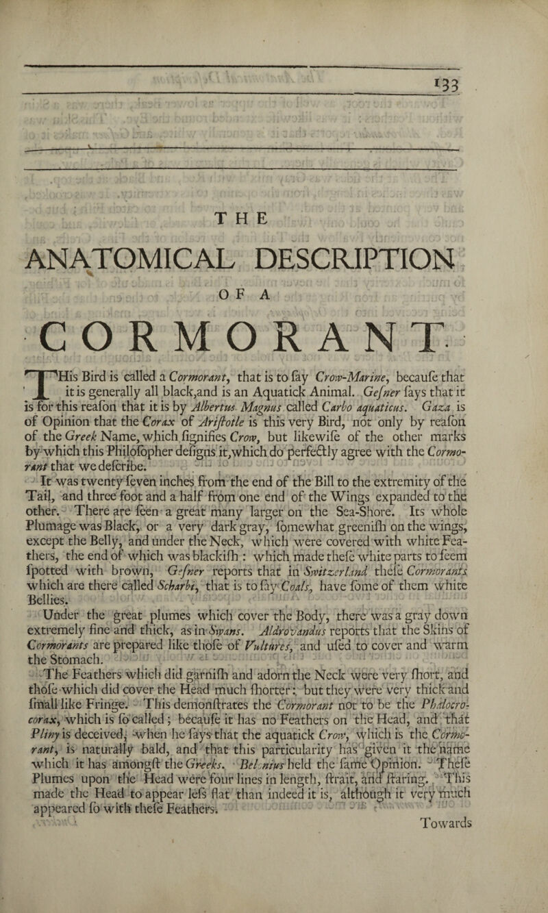 >33 THE ANATOMICAL DESCRIPTION O F A CORMORANT THis Bird is called a Cormorant, that is to fay Crow-Marine, becaufe that it is generally all black,and is an Aquatick Animal. Gefner fays that it is for this reafon that it is by Albertm Magnus called Car bo aquations. Gaza is of Opinion that the Corax of Ariftotle is this very Bird, not only by reafon of the Greek Name, which fignifies Crow, but likewife of the other marks by which this Philofbpher defigns it,which do perfe&ly agree with the Cormo¬ rant that wedefcribe. It was twenty feven inches from the end of the Bill to the extremity of the Tail, and three foot and a half from one end of the Wings expanded to the other. There are feen a great many larger on the Sea-Shore. Its whole Plumage was Black, or a very dark gray, fbmewhat greeniflh on the wings, except the Belly, and under the Neck, which were covered with white Fea¬ thers, the end of which wasblackifh : which made thefe white parts tofeem fpotted w'ith brown, Gefner reports that in Switzerland, theie Cormorants which are there called Sckarbi, that is to fay Coals., have feme of them white Bellies. Under the great plumes which cover the Body, there was a gray down extremely fine and thick, as m Swans. Aldrovandus reports that the Skins of Cormorants are prepared like thofe of Vultures, and ufea to cover and wuirm the Stomach. The Feathers which did garnifh and adorn the Neck were very fhort, and thofe which did cover the Head much fhorterbut they were very thick and fmall like Fringe. This demonftrates the Cormorant not to be the Phrtocro- coraxy which is fo called ; becaufe it has no Feathers on the Head, and that Pliny is deceived* -when he lays that the aquatick Crony which is the Como- rant, is naturally bald, and that this particularity has given it the name which it has amongft the Gr-eeks. Belmius held the fame Opinion. - Thefe Plumes upon the Head were four lines in length, firrait, arid Earing. This made the Head to appear lefs flat than indeed it is, although it very much appeared fo with thefe Feathers. Towards