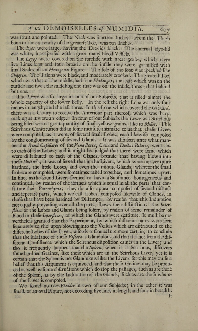 af fix DEMOISELLES NUMIDIA. was ftrait and pointed. The Neck was fourteen Inches. From the Thfoh Bone to the extremity of the greateft Toe, was ten Inches. The Eyes were large, having the Eye-Jids black. The internal Eye-lid was white, interfperfod with a great many blood Veffels. The Leggs were covered on the forefide with great scales, which were five Lines long and four broad: on the in fide they were garnifbed with finall Scales of an Hexagonal Figure. The foie of the foot was fpeckled like Chagrin. The Talons were black, and moderately crooked. The greateft Toe, which was that of the middle, had four Phalanges; the leaft which was on the outfide had five ; the middling one that was on the infide, three; that behind but one. The Liver was fo large in one of our Subje&s, that it filled almoft the whole capacity of the lower Belly. In the reft the right Lobe was only four inches in length, and the left three. In this Lobe which covered the Gizzard, there was a Cavity to receive the Anteriour part thereof, which was fharp, making as it were an edge. In four of ourSubje&s the Liver was Scirrhous being filled with a great quantity of finall yellow grains, like to Millet. This Scirrhous Conftitution did in fome meafure intimate to us that thefe Livers were compofed, as it were, of foverai finall Lobes, each likewife compofod by the conglomerating of foverai Glands. It was alfo foen after what man¬ ner the Kami Capillares of the Vena Porta, Cava and Dull us Bilarii, went in¬ to each of the Lobes; and it might be judged that there were fome which were diftributed to each of the Glands, becaufo that having blown into thefo Dutttiss, it was obforved that in the Livers, which were not yet quite hardned, the little Lobes, and even the minute Glands, whereof the lmall Lobes are compofod, were fometimes rafted together, and fometimes apart. In fine, as the found Livers foemed to have a Subftance homogeneous and continued, by reafon of the foftnefs which is equal in all the parts that con- ftitute their Parenchyma; they do alfo appear compofod of foverai diftinft and foperate parts, which we call Lobes, compofod likewife of Glands, in thofo that have been hardned by Diftemper, by reafon that this Induration not equally prevailing over all the parts, fhews their diftin&ion: the Inter¬ files of the Lobes and Glands being fofter, by reafon of fome remainder of Blood in thefo Interfiles, of which the Glands were cfeftitute. It muft be ne- vertheiefs granted that the Experiment, by which different parts were foen feparately to rile upon blowing into the Veffels which are diftributed to the different Lobes of the Liver, affords a Conjecture more certain, to conclude that the fubftance of thefo Vifcera is Glandulous,and that it is not from the dif¬ ferent Confiftence which the Scirrhous difpofition caufos in the Liver; and tho it frequently happens that the Spleen, when it is Scirrhous, difoovers fome hardned Graines, like thofo which are in the Scirrhous Liver, yet it is certain that the Spleen is not Glandulous like the Liver: for this may caufo a belief that this Argument is equivocal, and that thefo Graines may be produ¬ ced as well by fome obftru£hons which do ftop the paffages, fuch as are thofo of the Spleen, as by the Induration of the Glands, fuch as are thofo where¬ of the Liver is compofod. We found no Gall-Bladder in two of our Subjects; in the other it was finall, of an oval Figure, not exceeding five lines in length and four in breadth. It