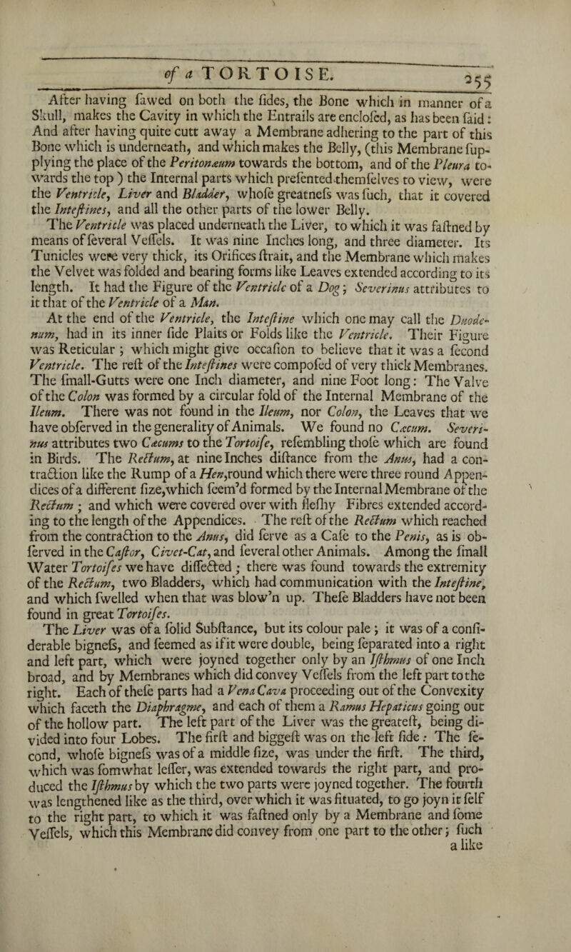 After having fawed on both t he Tides, the Bone which in manner of a Skull, makes the Cavity in which the Entrails are enclofcd, as has been faid: And after having quite cutt away a Membrane adhering to the part of this Bone which is underneath, and which makes the Belly, (this Membrane Tup- plying the place of the Peritoneum towards the bottom, and of the Pleura to¬ wards the top ) the Internal parts which prelented .them Tel ves to view, were the Ventricle, Liver and Bladder, whole greatnels wasTuch, that it covered the Intefiines, and all the other parts of the lower Belly. The Ventricle was placed underneath the Liver, to which it was faftned by means ofleveral VelTels. It was nine Inches long, and three diameter. Its Tunicles wepe very thick, its Orifices ftrait, and the Membrane which makes the Velvet was folded and bearing forms like Leaves extended according to its length. It had the Figure of the Ventricle of a DogSeverinus attributes to it that of the Ventricle of a Alan. At the end of the Ventricle, the Intejline which one may call the Duode¬ num, had in its inner fide Plaits or Folds like the Ventricle. Their Figure was Reticular ; which might give occafion to believe that it was a Tecond Ventricle. The reft of the Intefines were compoTed of very thick Membranes. The Tmall-Gutts were one Inch diameter, and nine Foot long: The Valve of the Colon was formed by a circular fold of the Internal Membrane of the Ileum. There was not found in the Ileum, nor Colon, the Leaves that we have obferved in the generality of Animals. We found no Cecum. Severi¬ nus attributes two Cecums to the Tortoife, relembling thole which are found in Birds. The Reffum, at nine Inches diftance from the Anus, had a con- tra&ion like the Rump of a Hen,round which there were three round Appen¬ dices of a different fize, which leem’d formed by the Internal Membrane of the Recfum ; and which were covered over with flelliy Fibres extended accord¬ ing to the length of the Appendices. The reft of the Rectum which reached from the contraction to the Anus, did lerve as a Cafe to the Penis, as is ob- ierved in the Caftor, Civet-Cat, and feveral other Animals. Among the fmall Water Tortoifes we have dilfeCted ; there was found towards the extremity of the Reclum, two Bladders, which had communication with the Intejline, and which fwelled when that was blow’n up. Thele Bladders have not been found in great Tortoifes. The Liver was of a fblid Subftance, but its colour pale ; it was of a confi- derable bignels, and leemed as if it were double, being leparated into a right and left part, which were joyncd together only by an Jfibmus of one Inch broad, and by Membranes which did convey VelTels from the left part to the right. Each of thele parts had a Vena Cava proceeding out of the Convexity which faceth the Diapkragme, and each of them a Ramus Hepaticus going out of the hollow part. The left part of the Liver was the greateft, being di¬ vided into four Lobes. The firft and biggeft was on the left fide: The fe- cond, whole bignefs was of a middle fize, was under the firft. The third, which was Tomwhat lelTer, was extended towards the right part, and pro¬ duced the lfibmusby which the two parts were joyned together. Tire fourth was lengthened like as the third, over which it wasfituated, to go joyn itlelf to the right part, to which it was faftned only by a Membrane and lome VelTels, which this Membrane did convey from one part to the other; Tuch a like