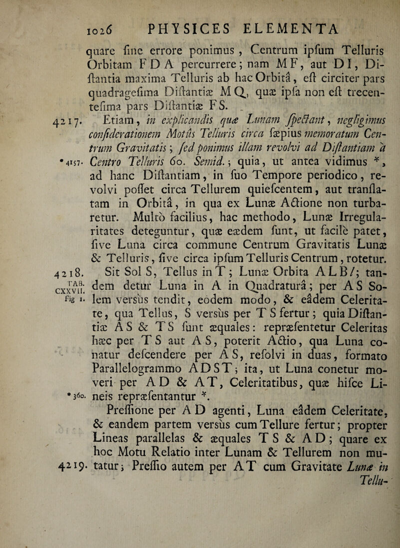 quare fine errore ponimus , Centrum ipfum Telluris Orbitam F D A percurrere; nam M F, aut D I, Di- ftantia maxima Telluris ab hac Orbita, eft circiter pars quadragefima Diftantia: M Q, quae ipfa non eft trecen- tefima pars Diftantia: FS. _ 4217. Etiam, in explicandis qua Lunam f pe flant, neg/igimus confulerationem Motus Telluris circa fepius memoratum Cen¬ trum Gravitatis; fed ponimus illam revolvi ad Diftantiam d •4157- Centro Telluris 60. Semid.-, quia, ut antea vidimus *> ad hanc Diftantiam, in fuo Tempore periodico, re¬ volvi poftet circa Tellurem quiefcentem, aut tranfla- tam in Orbita, in qua ex Luna: Adtione non turba¬ retur. Multo facilius, hac methodo, Luna: Irregula¬ ritates deteguntur, quae eaedem funt, ut facile patet, fi ve Luna circa commune Centrum Gravitatis Lunae & Telluris, five circa ipfum Telluris Centrum, rotetur. 4218. Sit Sol S, Tellus inT ; Lunae Orbita ALB/; tan- cxxvu. dem detur Luna in A in Quadratura; per A S So- % i- lem versus tendit, eodem modo, & ealdem Celerita¬ te, qua Tellus, S versus per T S fertur; quia Diftan- tiac A S & T S funt a:quales: repraefentetur Celeritas haec per T S aut A S, poterit A&io, qua Luna co¬ natur defcendere per AS, refolvi in duas, formato Parallelogrammo AD ST 5 ita, ut Luna conetur mo¬ veri per AD & AT, Celeritatibus, quae hifce Li- *i6°- neis repraefentantur *. Preftione per A D agenti, Luna ealdem Celeritate, & eandem partem versus cum Tellure fertur; propter Lineas parallelas & aequales T S & AD; quare ex hoc Motu Relatio inter Lunam St Tellurem non mu- 42.19. taturi Preflio autem per AT cum Gravitate Luna in Telia-'