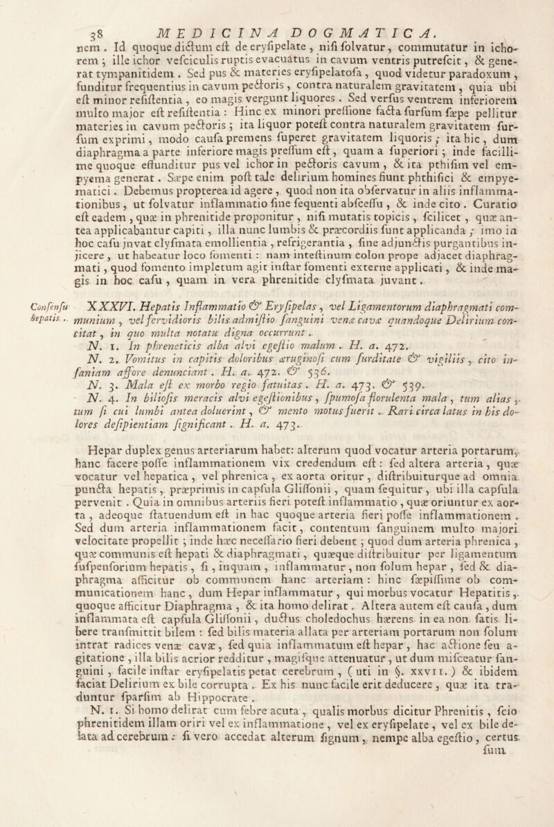 sicm . Id quoque di61um efl de eryfipelate , nifi folvatur, commutatur in icho- rem ; ille ichor vefciculis ruptis evacuatus in cavum ventris putrefcit, & gene¬ rat tympanitidem . Sed pus & materies eryfipelatofa , quod videtur paradoxum , funditur frequentius in cavum pedioris, contra naturalem gravitatem , quia ubi efl minor refiflentia , eo magis vergunt liquores . Sed verfus ventrem inferiorem multo major eft refiflentia : Hinc ex minori preffione fa£la furfum faepe pellitur materies in cavum pe6loris; ita liquor potefl contra naturalem gravitatem fur- fum exprimi, modo caufa premens fuperet gravitatem liquoris; ita hic, dum diaphragma a parte inferiore magis preifum efl, quam a fuperiori ; inde facilli¬ me quoque effunditur pus vel ichor in pedloris cavum , & ita pthifim vel em¬ pyema generat. Sicpe enim pofl taJe delirium homines fiunt phthifici & empye- niatici. Debemus propterea id agere , quod non ita obfervatiir in aliis inflamma¬ tionibus , ut folvatur inflammatio fine fequenti abfceffu , & inde cito . Curatio efl eadem , quis in phrenitide proponitur , nifi mutatis topicis, fcilicet , quas an¬ tea applicabantur capiti, illa nunc lumbis & pr^cordiis funt applicanda ; imo in hoc cafu juvat clyfmata emollientia , refrigerantia , fine adjun6lis purgantibus in¬ jicere , ut habeatur loco fomenti : nam iiiteflinum colon prope adjacet diaphrag¬ mati , quod fomento impletum agit inflar fomenti externe applicati, & inde ma¬ gis in hoc cafu , quam in vera phrenitide clyfmata juvant. Confenfu- 'XXXFL Hepatis Inflammatio & Erjfipelas , vel Ligamentorum diaphragmati com- hpatis,.. munium^ vel fervidioris blUsadmlfllo fangulnl vence caViC quandoque Delirium con-^ Citat, m quo multa notatu digna occurrunt iV. I. In phreneticis alba ahd cgejllo malum . LL a. 472. iV. 2e, Vomitus in capitis doloribus atruglnofi cura furdltate & vigiliis y cito In-- fanlam affore denunclant . H, a. 472, & N. 3. Mala ejl ex morbo regio fatuitas . H. a. 473, & 539. N. 4. In billojis meracis alvi egeflllonlbus y fpiimoja florulenta mala y tum alias tum fi cui lumbi antea doluerlnt y & mento motus fueritKarl circa latus In his do lores defiplentlam fignlficant. H. a, 473.. 5’ Hepar duplex genus arteriarum habet: alterum quod vocatur arteria portarum,^ hanc facere pofle inflammationem vix credendum efl: fed altera arteria, quas vocatur vel hepatica , vel phrenica , ex aorta oritpr , diflribuiturque ad omnia pun£la hepatis, pr^eprimis in capfula Gliflfonii, quam fequitur , ubi illa capfula pervenit . Quia in omnibus arteriis heri potefl inflammatio , quic oriuntur ex aor¬ ta , adeoque flatuendum efl in hac quoque arteria fieri poffe inflammationem e Sed dum arteria inflammationem facit, contentum fangiiinem multo majori velocitate propellit ; inde h.xc neceffario fieri debent; quod dum arteria phrenica , qua^ communis efi hepati & diaphragmati, quaeque diflribuitur per ligamentum fufpenforioni hepatis, fi, inquam , inflammatur , non folum hepar , fed dc dia¬ phragma afficitur ob communem hanc arteriam: hinc faepiffime ob com¬ municationem hanc, dum Hepar inflammatur , qui morbus vocatur Hepatitis quoque afficitur Diaphragma , & ita homo delirat. Altera autem efl caufa , dum inflammata efl capfula Gliffonii, du6lus choledochus hicrens in ea non. fatis li¬ bere tranfmittit bilem : fed bilis materia allata per arteriam portarum non folum intrat radices vense cavse, fed quia inflammatum efl hepar , hac aSlione feu a- gitatione , ilia bilis acrior redditur , magifque attenuatur , ut dum mifceatur fan- guini 5 facile Tnflar eryfipeiatis petat cerebrum, (uti in §. xxvii.) & ibidem faciat Delirium ex bile corrupta . Ex his nunc facile erit deducere , quae ita tra-^ duntur fparfim ab Hippocrate . N. I. Si homo delirat cum febre acuta , qualis morbus dicitur Phrenitis , fcio phrenitidem illam onri vel ex inflammatione , vel ex eryfipelate , vel ex bile de¬ lata ad. cerebrum .• fi vero accedat alterum fignum,. nempe alba egeflio , certus. funi \ N