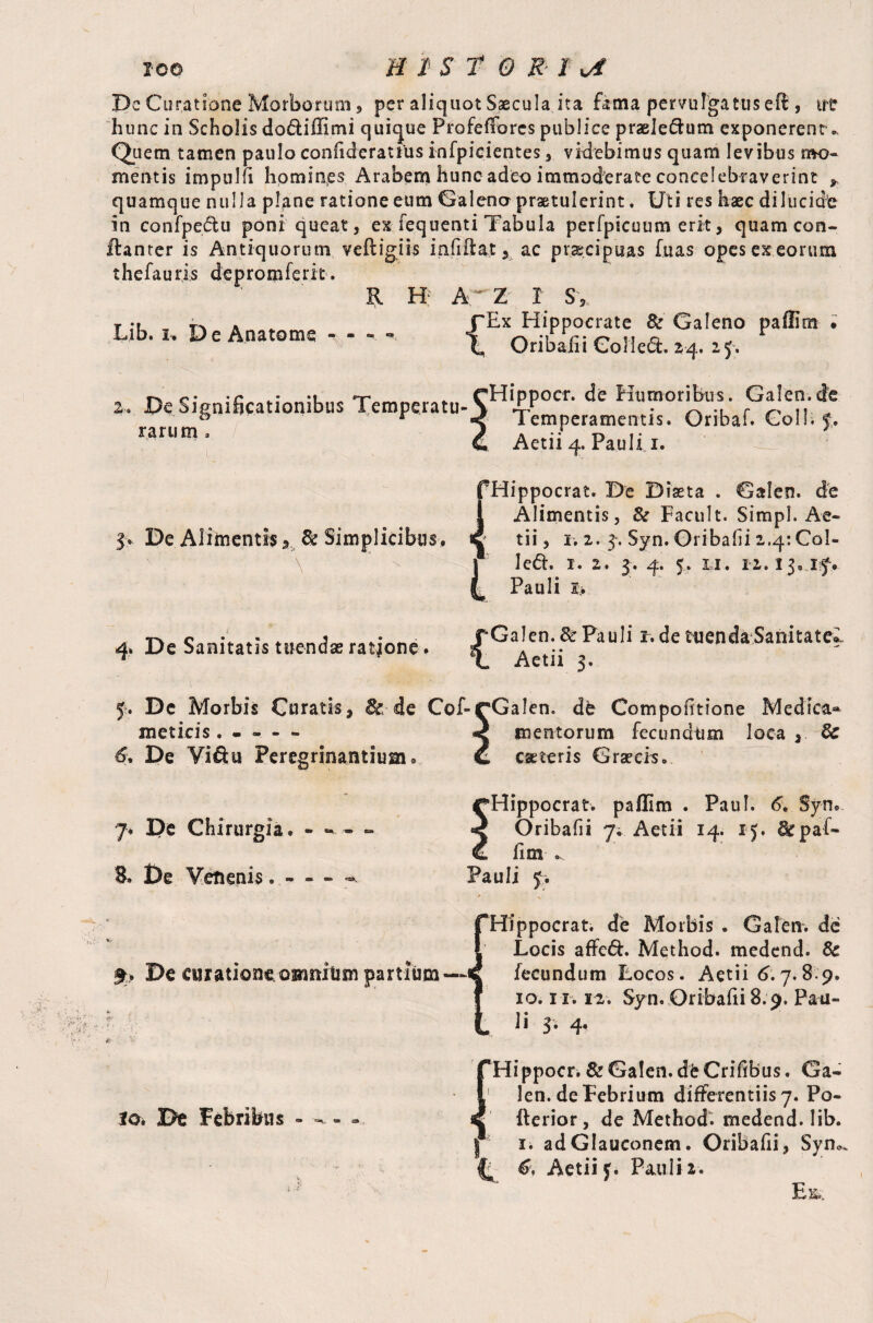 De Curatione Morborum, per aliquot Saecula, Ita fama pervulgatus eft , irtr hunc in Scholis dodiffimi quique ProfeiTores publice praeledum exponerent.. Quem tamen paulo confidcratius infpicientes , videbimus quam levibus n*o- mentis impulfi hpmines Arabem hunc adeo immoderate concelebraverint * quamque nulla plane ratione eum Galeno praetulerint. Uti res haec di lucide in confpedu poni queat, ex fequenti Tabula perfpicuum erk, quam con- ftanter is Antiquorum veftigiis infikat, ac praecipuas fuas opes ex eorum thefauris depromferk. R H A^Z I Sv r a . rh*x Hippocrate Bz Galeno paffim • l, On bail i Collect. 14. 25. r> c. -r „• *1 t t rHippocr. de Humoribus. Galen.de 2-. De Significationibus Temperatu-V ~ r n & r < Temperamentis. Oribaf. Coli, p rarum 3 £, Aetii 4. Paulli. 3. De Alimentis» & Simplicibus, ocrat. De Diaeta . Galen. Alimentis, & Facult. Simpl. Ae¬ tii , i. 2. 3. Syn. Oribafii 2.4: Col¬ led. i. 2. 3. 4. 5. ii. 12.13.13. PaUll 3r> 4» De Sanitatis tuendae ratjone. Galen.& Pauli i.de tuenda Sanitate* . Aetii 3. 5. De Morbis Caratis, & de Cof-cGalen. de Compofitione Medica^ mentorum fecundum loca , Bc eae ter is Graecis. metiris. . - - - 6, De Viftu Peregrinantium 7. De Chirurgia. - - 8. De Venenis. - - - «^v 'Hippocrat. paffim . Paul. 6. Syn, Oribafii 7; Aetii 14. 15. lik: paf¬ fim ..... Pauli p De curatione omnium partium — io. De Febribus - ‘Hippocrat. de Morbis . Gaten. de Locis affed. Method, medend. Sc fecundum Locos. Aetii 6.7. 89. 10.11.12. Syn. Oribafii 8.9. Pau- 1 i 3• 4* {Hippocr. & Galen, de Crifibus. Ga¬ len, de Febrium differentiis 7. Po- fterior, de Method, medend. lib. | ii adGIauconem. Oribafii, Syn*. & Aetii p Pauli 2. Es,