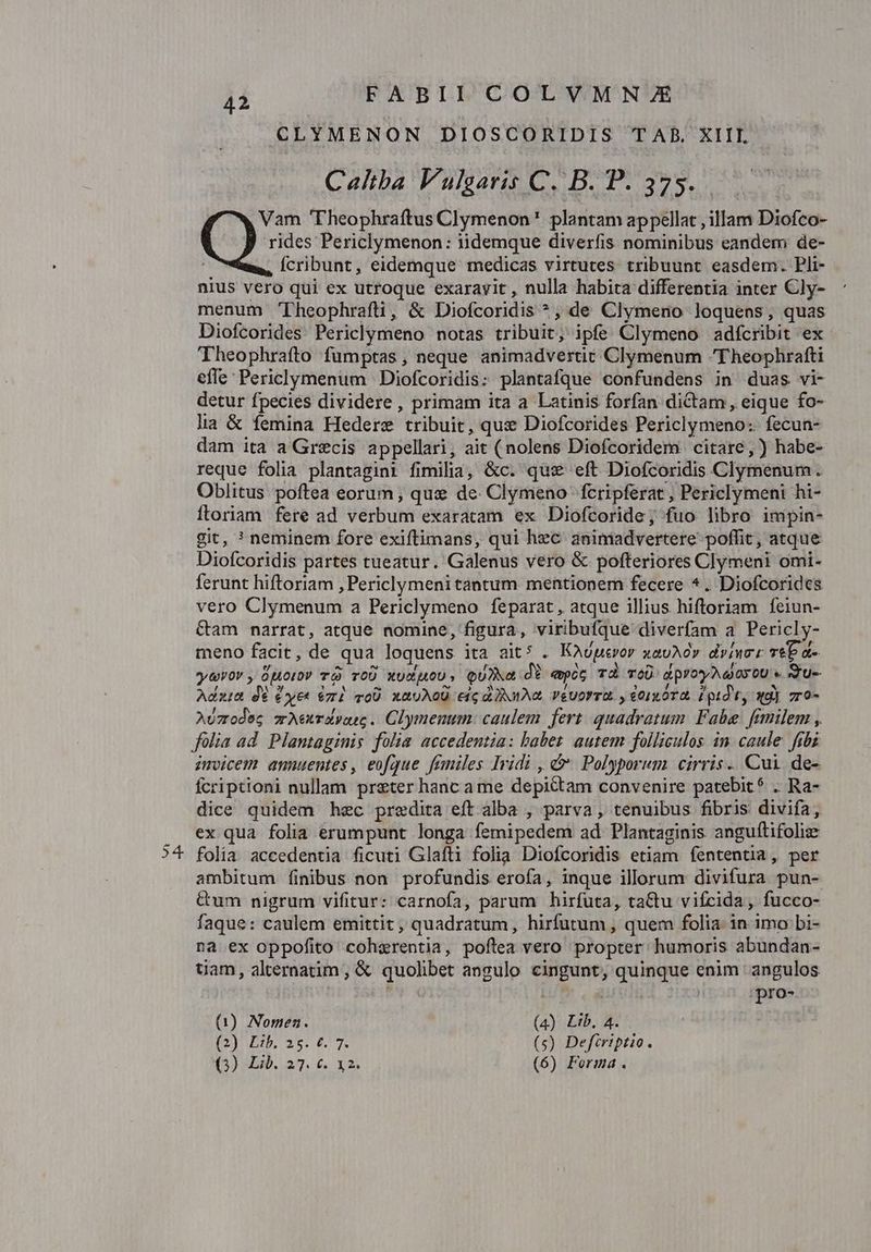 CLYMENON DIOSCORIDIS TAB. XIII. Caltba Vulgaris C. B. P. 375. Vam 'Pheophraftus Clymenon' plantam appellat , illam Diofco- rides Periclymenon: iidemque diverfis nominibus eandem de- fcribunt, eidemque medicas virtutes. tribuunt easdem. Pli- nius vero qui ex utroque exaravit , nulla habita differentia inter Cly- menum 'DPheophrafli, &amp; Diofcoridis *, de Clymeno loquens, quas Diofcorides. Periclymeno notas tribuit; ipfe Clymeno adícribit ex 'Theophrafto fumptas, neque animadvertit Clymenum Theophrafti effe Periclymenum Diofcoridis: plantafque confundens in duas vi- detur fpecies dividere , primam ita a Latinis forfan dictam , eique fo- lia &amp; femina Hederz tribuit, qus Diofcorides Periclymeno:- fecun- dam ita a Grecis appellari, ait (nolens Diofcoridem. citare, ) habe- reque folia plantagini fimilia, &amp;c. quz eft Diofcoridis Clymenum. Oblitus poftea eorum, qux de. Clymeno fcripferat , Periclymeni hi- iloriam fere ad verbum exaratam ex Diofcoride; fuo libro impin- git, ? neminem fore exiftimans, qui hec animadvertere poffit, atque Diofcoridis partes tueatur. Galenus vero &amp; pofteriores Clymeni omi- ferunt hiftoriam , Periclymenitantum mentionem fecere *. Diofcorides vero Clymenum a Periclymeno feparat, atque illius hiftroriam feiun- &amp;am narrat, atque nomine, figura, viribufque diverfam a Pericly- meno facit, de qua loquens ita ait . KAUpevor xauAóv dvinzr rep d- yuevov, duoi» TÀ rOÜ xudpioU, QUIN&amp; di «pog TÀ TO dpyoy A OYOU « SU Adzit di dyes zi voU n40X00 cic d NIA vevorTE. y o1óT A. Lprd ty so) zro- Avzrodec zrAexTAVcuc . Clymenum.: caulem. fert. quadratum Fabe: fimilem , folia ad Plantaginis folia accedentia: babet. autem folliculos in caule. fibi imvicem amnuentes, eofque fimiles Ividi , &amp; Polyporum cirris. Cui de- Ícriptioni nullam preter hanc a me depittam convenire patebit 5 . Ra- dice quidem hec predita eft alba , parva , tenuibus fibris divifa, ex qua folia erumpunt longa femipedem ad Plantaginis anguítifolize folia accedentia ficuti Glafti folia Diofcoxidis etiam fententia, per ambitum finibus non profundis erofa, inque illorum divifura pun- Gum nigrum vifitur: carnofa, parum hirfuta, taCtu vifcida, fucco- faque: caulem emittit, quadratum, hirfutum , quem folia: in imo bi- na ex oppofito coherentia, poftea vero propter humoris abundan- tiam, alternatim, &amp; quolibet angulo cingunt, quinque enim ' angulos ! | T | 'pro- 42 (1) Nomen. (4) Lib. 4. CANA INE rds (s) Defiriptio.