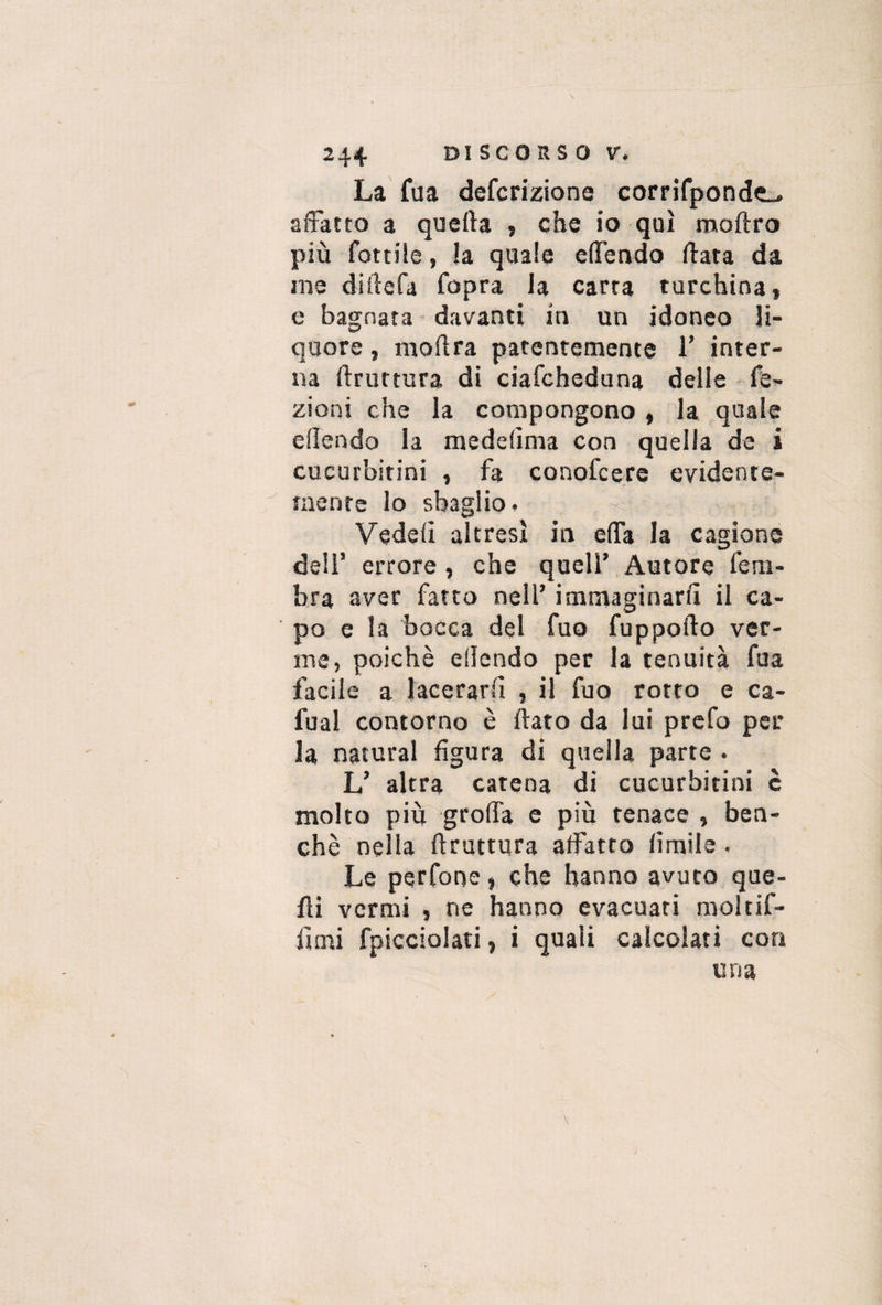 La fua defcriziona corrifponde_» affatto a quella , che io qui moftro più fottile, !a quale effendo Hata da me diitefa Copra la carta turchina, e bagnata davanti in un idoneo li¬ quore , moffra patentemente 1’ inter¬ na flruttura di ciafcheduna delle fe¬ zioni che la compongono , la quale effendo la medefìma con quella de i cucurbitini , fa conofcere evidente¬ mente lo sbaglio. Vedeli altresì in effa la cagione dell’ errore , che quell’ Autore feru¬ bra aver fatto nell’ immaginarli il ca¬ po e la bocca del fuo fuppofto ver¬ me, poiché effendo per la tenuità fua facile a lacerarli , il fuo rotto e ca- fual contorno è flato da lui prefo pei* la naturai figura di quella parte . L’ altra catena di cucurbitini è molto più grotta e più tenace , ben¬ ché nella (frattura affatto ùmile • Le perfone, che hanno avuto que¬ lli vermi , ne hanno evacuati moltif- fimi fpicciolati, i quali calcolati con una