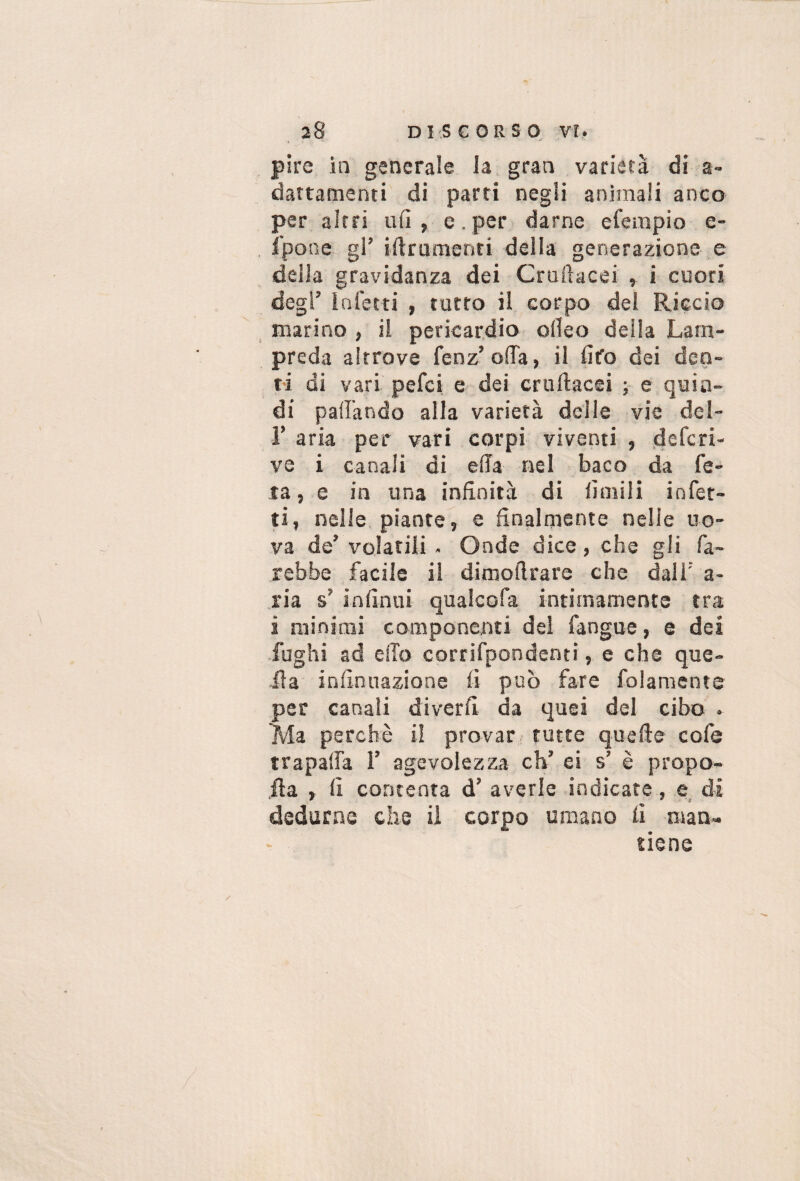 pire in generale la gran varietà di a- dattamenti di parti negli animali anco per altri ufi, e.per darne efempio e- fpone gl’iftrumenti della generazione e della gravidanza dei Cruftacei , i cuori degl’ Infetti , tutto il corpo del Riccio marino , il pericardio ofieo della Lam¬ preda altrove fenz’offa, il fifo dei den¬ ti di vari pefci e dei cruftacei ; e quin¬ di paffando alla varietà delle vie del- r aria per vari corpi viventi , defcri- ve i canali di effa nel baco da fe- 13, e in una infinità di finiilì infet¬ ti, nelle, piante^ e finalmente nelle uo¬ va de’ volatili . Onde dice, che gli fa¬ rebbe facile il dimofirare che dall’ a- ria s’ infinui qualcofa intimamente tra i minimi componenti dei fangue, e dei fughi ad elTo corrifpondenti, e che que¬ lla infinnazione fi può fare folamente per canali diverfi da quei del cibo . Ma perchè il provar tutte queffe cofe trapaffa 1’ agevolezza eh’ ei s’ è propo- fla , fi contenta d’ averle indicare, e di dedurne che ii corpo umano fi man¬ tiene