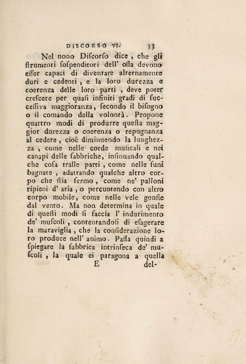 Nel nono Difcorfo dice , che gli ftruraenti fofpenditori dell’ oda devono eiTer capaci di diventare alternamente duri e cedenti , e la doro durezza e coerenza delle loro parti , deve poter crefcere per quali infiniti gradi di fuc- cefiìva maggioranza, fecondo il bifogno o il comando della volontà. Propone quattro modi di produrre quella mag¬ gior durezza o coerenza o repugnanza al cedere, cioè diminuendo la lunghez¬ za , come nelle corde muficali e nei canapi delle fabbriche, infinuando qual¬ che cofa traile parti , come nelle funi bagnate , adattando qualche altro cor¬ po che dia fermo, come ne’ palloni ripieni d’ aria , o percuotendo con altro corpo mobile, come nelle vele gonfie dal vento. Ma non determina in quale di quelli modi fi faccia 1’ indurimento de’ mufcoli , contentandoli di efagerare la maraviglia , che la confiderazione lo¬ ro produce nell’animo. Palla quindi a fpiegare la fabbrica intrinfeca de’ mu¬ fcoli , la quale èi paragona a quella E del-