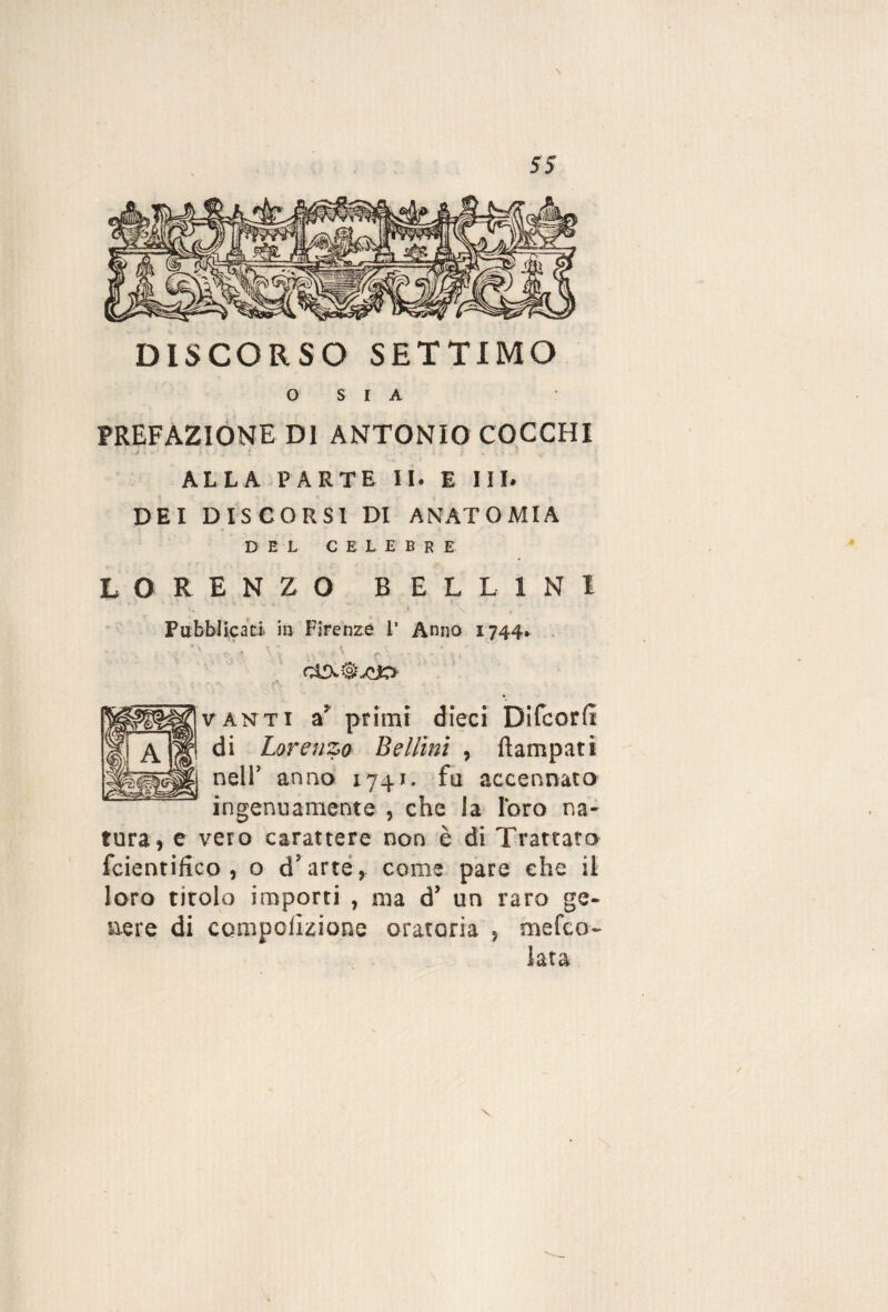 DISCORSO SETTIMO O S I A PREFAZIONE DI ANTONIO COCCHI ALLA PARTE II. E III. DEI DISCORSI DI ANATOMIA DEL CELEBRE LORENZO BELLINI • Pubblicati, iu Firenze T Anno 1744. VANTI primi dieci Difcorit di Lorenzo Bellini , Rampati nell’ anno 1741. fa accennato ingenuamente , che la loro na¬ tura, e veto carattere non è di Trattato fcientifico , o d’arte, come pare che il loro titolo importi , ma d’ un raro ge¬ nere di corapolìzione oratoria , mefco- lata \