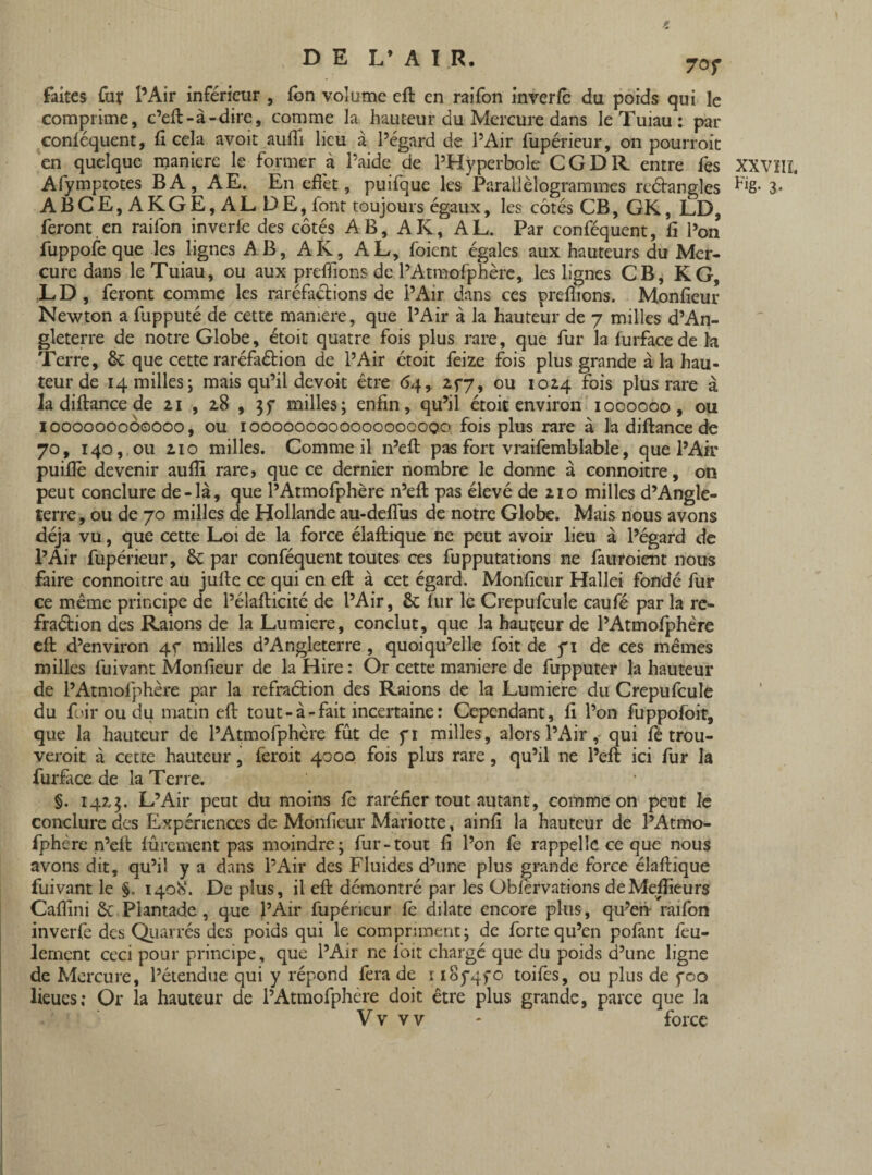 70f faîtes fur l’Air inférieur , fon volume eft en raifon inverfè du poids qui le comprime, c’eft-à-dire, comme la hauteur du Mercure dans le Tuiau : par conféquent, ficela avoir aufiî lieu à l’égard de l’Air fupérieur, on pourroit en quelque maniéré le former à l’aide de l’Hyperbole CG DR entre fes Afymptotes BA, AE. En effet, puifque les Parallélogrammes reéhngles ABCE, AKGE, AL DE, font toujours égaux, les cotés CB, GK, LD, feront en raifon inverle des côtés AB, AK, AL. Par conféquent, fi l’on fuppofe que les lignes AB, AK, AL, foicnt égales aux hauteurs du Mer¬ cure dans le Tuiau, ou aux prenions de l’Atmofphère, les lignes CB, KG, LD, feront comme les raréfactions de l’Air dans ces orefhons. Moniteur Newton a fupputé de cette manière, que l’Air à la hauteur de 7 milles d’An¬ gleterre de notre Globe, étoit quatre fois plus rare, que fur la furfacede la Terre, 6c que cette raréfaétion de l’Air étoit feize fois plus grande à la hau¬ teur de 14 milles; mais qu’il devoit être 64, 277, ou 1024 fois plus rare à la diftance de 21 , 28 , milles; enfin, qu’il étoit environ 1000000, ou ioooooooôoooo, ou ioooooooooooooocoQo fois plus rare à la diftance de 70, 140, ou 210 milles. Comme il n’eft pas fort vraifemblable, que l’Air puifie devenir aufii rare, que ce dernier nombre le donne à connoitre, on peut conclure de-là, que l’Atmofphère n’eft pas élevé de 210 milles d’Angle¬ terre , ou de 70 milles de Hollande au-defîus de notre Globe. Mais nous avons déjà vu, que cette Loi de la force élaftique ne peut avoir lieu à l’égard de l’Air fupérieur, ôc par conféquent toutes ces fupputations ne fauroient nous faire connoitre au jufte ce qui en eft à cet égard. Monfieur Hallei fondé fur ce même principe de l’élafticité de l’Air, 6c fur le Crepufcule caufé par la re- fraétion des Raions de la Lumière, conclut, que la hauteur de l’Atmofphère eft d’environ 4c milles d’Angleterre , quoiqu’elle foit de y 1 de ces mêmes milles fuivant Monfieur de laHire: Or cette maniéré de fupputer la hauteur de l’Atmofphère par la refraétion des Raions de la Lumière du Crepufcule du fuir ou du matin eft tout - à fait incertaine : Cependant, fi l’on fuppofoit, que la hauteur de l’Atmofphère fût de yi milles, alors l’Air, qui fè trou- veroit à cette hauteur, feroit 4000 fois plus rare, qu’il ne l’eft ici fur la furface de la Terre. §. 1425. L’Air peut du moins fè raréfier tout autant, comme on peut le conclure des Expériences de Monfieur Mariotte, ainfi la hauteur de l’Atmo¬ fphère n’eft fûrement pas moindre; fur-tout fi l’on fe rappelle ce que nous avons dit, qu’il y a dans l’Air des Fluides d’une plus grande force élaftique fuivant le §. 1408. De plus, il eft démontré par les Obfervations deMeffieurs Cafiîni 6c Flantade , que l’Air fupérieur fc dilate encore plus, qu’en raifon inverfe des Quarrés des poids qui le compriment; de forte qu’en pofant feu¬ lement ceci pour principe, que l’Air ne foit chargé que du poids d’une ligne de Mercure, l’étendue qui y répond fera de 1 iSyqyo toifes, ou plus de yoo lieues; Or la hauteur de l’Atmofphère doit être plus grande, parce que la Vv vv - force xxvïiï. Kg. 3-