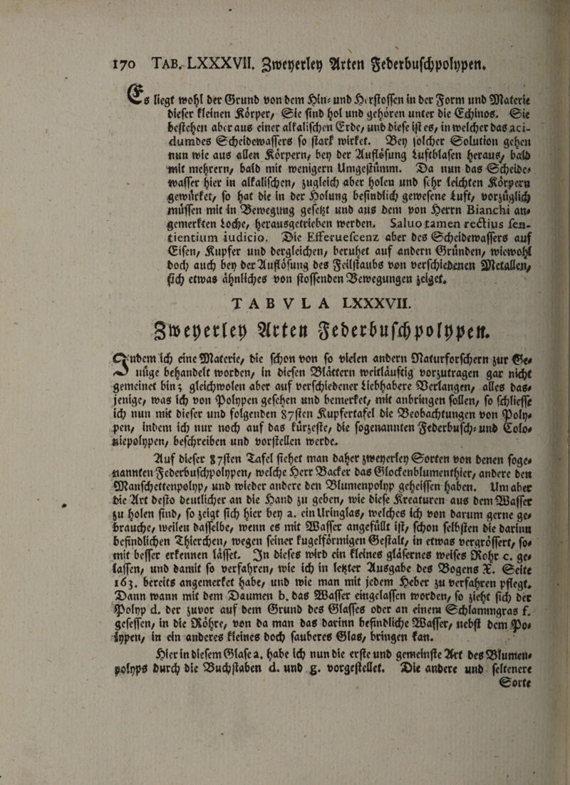 ws liegt wo^l ber ©runb bon bem #im unb rfloffcn in bcr Sorm unb Materie tiefer fieincn Körper/ @ic ftnb (>ol unb geboren unter bie <E.d?inü$, (Sie bejic^eit aber aus einer alfalifchcn (Erbe/ unb btefe iji es/ in welcher bas aci- dumbes 0cheibewaffers fo fiarf wirfet. Q5ei? folcher (Solution gc^cn nun wie aus allen Körpern/ bep bcr 2(ujlofung iuftblafen ^eranfy halb mit mc|rern/ batb mit wenigem Umgeßumm. Da nun bas @chclbc# wafftr hier in alfalifchett/ jugictch aber holen unb fcf>r leichten Körpern .gcwilrfet/ fo Ijat bie in bcr Solang befinbüd? gewefene luft/ borjttgüch muffen mit in Bewegung gefegt unb aus bem bon £>errn Bianchi atu gemerften ioche/ ^erausgefrieben werben, Saluo tarnen re&ius fea- tientium iudicio. Die Eflferuefcenz öber bcs @chcibewaffers auf (Eifen/ Tupfer unb bergleid?en/ beruhet auf anbertt ©runben/ wiewohl bod; and? bep bcrTtujiofung bes gcilllaubs bon becfchiebenen SftctftöeU/ etwas ähnliches bon fioffenben Bewegungen jeigek T A B V L A LXXXVIl. Smepettep Steten geberbufcbbotbbeit- Cr-nbcmid? eine Materie/ bie fchenbsn fo blden anbern Sftaturforfchern jur©e# nftge be^anbelt worben/ in biefen ^Mattem weittauftig bor^utragen gar nid# gemeinct bin} gleid?wo!cu aber auf berfdjiebcner liebhabere Verlangen/ alles bas# fenige/ was ich non <polppen gefeben unb bemerfet/ mit anbriugen foflen/ fo fxhiiefle ich nun mit biefer unb folgenben 8?iien jvupfcrtafcl bie Q3eobajchfungen bon <J)olp# pen/ inbent id? nur noch auf bas fürjeftey bie fogenannten§ebcrbufd)*nn& Qtolo# fötepolppen/ befchreiben unb borjicHen werbe, 2luf biefer S7fien £afcl fielet man ba|cr jweperfep Porten bon benen foge# nannten Scberbufcbboippcn/ welche £>err 25acfer bas ©iocfenblumenthfer/ anbere bett $Ranfd?ettcnpslpp/ unb wieber anbere bett S3lumenpolpp ge^eiffen fabelt. Um aber bie #rt bejlo bentlichcr an bie £>anb ju geben/ wie biefe Kreaturen aus bemfXöajfer $u ^len ftnb/ fo jeigt (ich h^r bep a. ein UringlaS/ Weiches ich bon barum gerne ge# brauche/ weilen baffdbe/ wenn cs mit SGBajfer angefuöt i|f/ fchon felbjlcn bie barintt bcftnblidhen ^^icrdhcit/ wegen feiner fugelformigen ©ejfalt/ in etwas bergroffert/ jo# mit beffer ernennen fdffet, 3n bicfeS wirb ein fleines gldfcrnes weifes Dvohr c. ge# (affen/ unb barait fo berfaljrcn/ wie ich in (elfter ^lusgabr bes Söogcns X. (Seife 163, bereits angemerfet §abc/ unb wie man mit jebem ijeber ^überfahren pflegte Dann wann mit bem Daumen b. bas SEBaffer eingclaffcn worben/ fo jieht ftd? bec $Po(pp d. ber $ubor auf bem ©runb bes ©taffes ober an einem (Sthlammgras f. gefeffen/ in bie 2£ohre, bon ba man bas barinn befmblid)e 5Bafler/ uebjl bem <po# ippett/ in ein anberes fleines hoch fau6eres ©laS/ bringen fau, ^ierinbiefem©lafca, h«be ich nun bie erffeunb gemeinte 2fct bes Blumen# polpps burch bie Bnchjlaben d. unb ß. borgejfeOet. Die anbere unb felfencre 0orfe