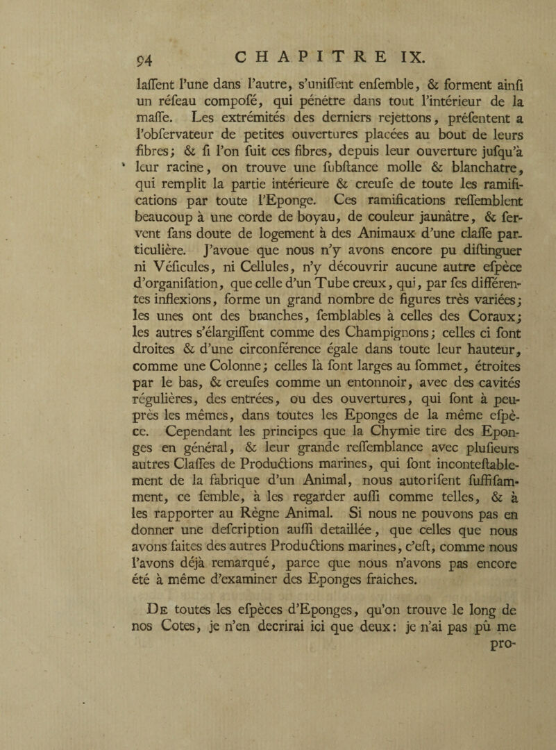 laffent Pune dans Pautre, s’unifient enfemble, & forment ainfi un réfeau compofé, qui pénétre dans tout Pintérieur de la maffe. Les extrémités des derniers rejettons, préfentent a Pobfervateur de petites ouvertures placées au bout de leurs fibres ; & fi l’on fuit ces fibres, depuis leur ouverture jufqu’à ' leur racine, on trouve une fubftance molle & blanchâtre, qui remplit la partie intérieure & creufe de toute les ramifi¬ cations par toute l’Eponge. Ces ramifications reffemblent beaucoup à une corde de boyau, de couleur jaunâtre, &; fer¬ vent fans doute de logement à des Animaux d’une claffe par¬ ticulière. J’avoue que nous n’y avons encore pu diftinguer ni Véficules, ni Cellules, n’y découvrir aucune autre efpèce d’organifation, que celle d’un Tube creux, qui, par fes différen¬ tes inflexions, forme un grand nombre de figures très variées; les unes ont des branches, femblables à celles des Coraux; les autres s’élargiffent comme des Champignons ; celles ci font droites & d’une circonférence égale dans toute leur hauteur, comme une Colonne ; celles là font larges au fommet, étroites par le bas, & creufes comme un entonnoir, avec des cavités régulières, des entrées, ou des ouvertures, qui font à peu- près les mêmes, dans toutes les Eponges de la même efpè¬ ce. Cependant les principes que la Chymie tire des Epon¬ ges en général, & leur grande reffemblance avec plufieurs autres Claffes de Productions marines, qui font inconteftable- ment de la fabrique d’un Animal, nous autorifent fuififam- ment, ce femble, à les regarder aufli comme telles, & à les rapporter au Règne Animal. Si nous ne pouvons pas en donner une defeription aufli détaillée, que celles que nous avons faites des autres Productions marines, c’eft, comme nous l’avons déjà remarqué, parce que nous n’avons pas encore été à même d’examiner des Eponges fraiches. De toutes les efpèces d’Eponges, qu’on trouve le long de nos Cotes, je n’en décrirai ici que deux: je n’ai pas pû me pro-