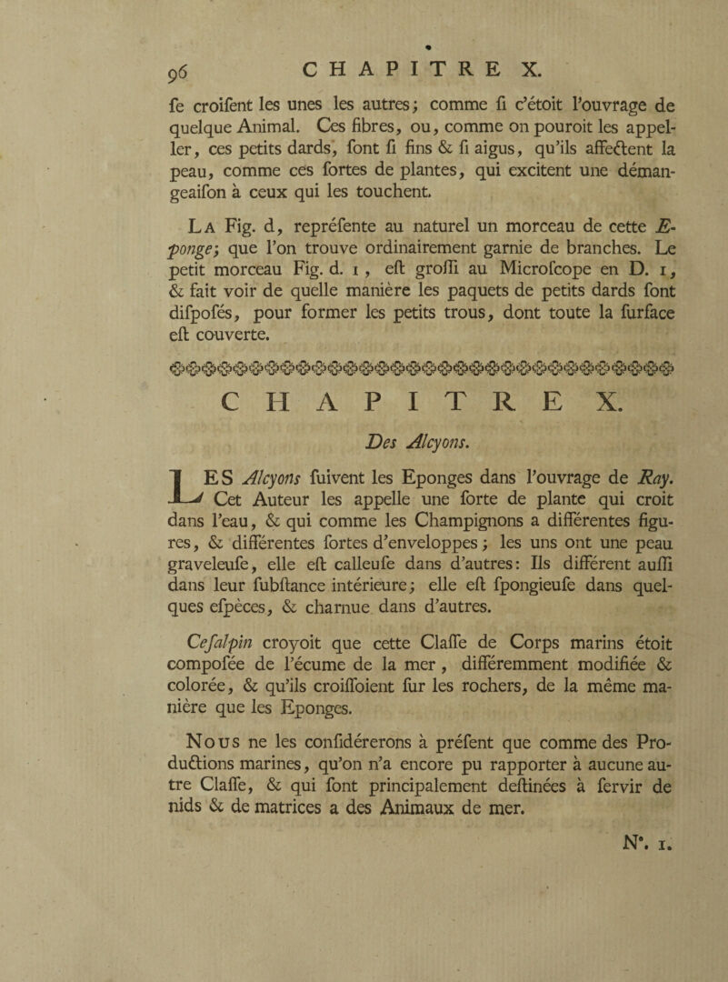 % 96 CHAPITRE X. fe croifent les unes les autres ; comme fi c’étoit l'ouvrage de quelque Animal. Ces libres, ou, comme on pouroit les appel- ler, ces petits dards, font fi lins & fi aigus, qu’ils affeélent la peau, comme ces fortes de plantes, qui excitent une déman- geaifon à ceux qui les touchent. La Fig. d, repréfente au naturel un morceau de cette E- •ponge; que l’on trouve ordinairement garnie de branches. Le petit morceau Fig. d. i , ell grolTi au Microfcope en D. i, & fait voir de quelle manière les paquets de petits dards font difpofés, pour former les petits trous, dont toute la furface ell couverte. CHAPITRE Des Alcyons. LES Alcyons fuivent les Eponges dans l’ouvrage de Ray, Cet Auteur les appelle une forte de plante qui croit dans l’eau, & qui comme les Champignons a différentes ligu¬ res , & différentes fortes d’enveloppes ; les uns ont une peau graveleufe, elle ell calleufe dans d’autres: Ils différent auffi dans leur fubllance intérieure ; elle ell fpongieufe dans quel¬ ques efpèces, & charnue dans d’autres. Cefalpin croyoit que cette Claffe de Corps marins étoit compofée de l’écume de la mer , différemment modifiée & colorée, & qu’ils croiffoient fur les rochers, de la même ma¬ nière que les Eponges. Nous ne les confidérerons à préfent que comme des Pro¬ ductions marines, qu’on n’a encore pu rapporter à aucune au¬ tre Claffe, & qui font principalement deliinées à fervir de nids & de matrices a des Animaux de mer. N®, i.
