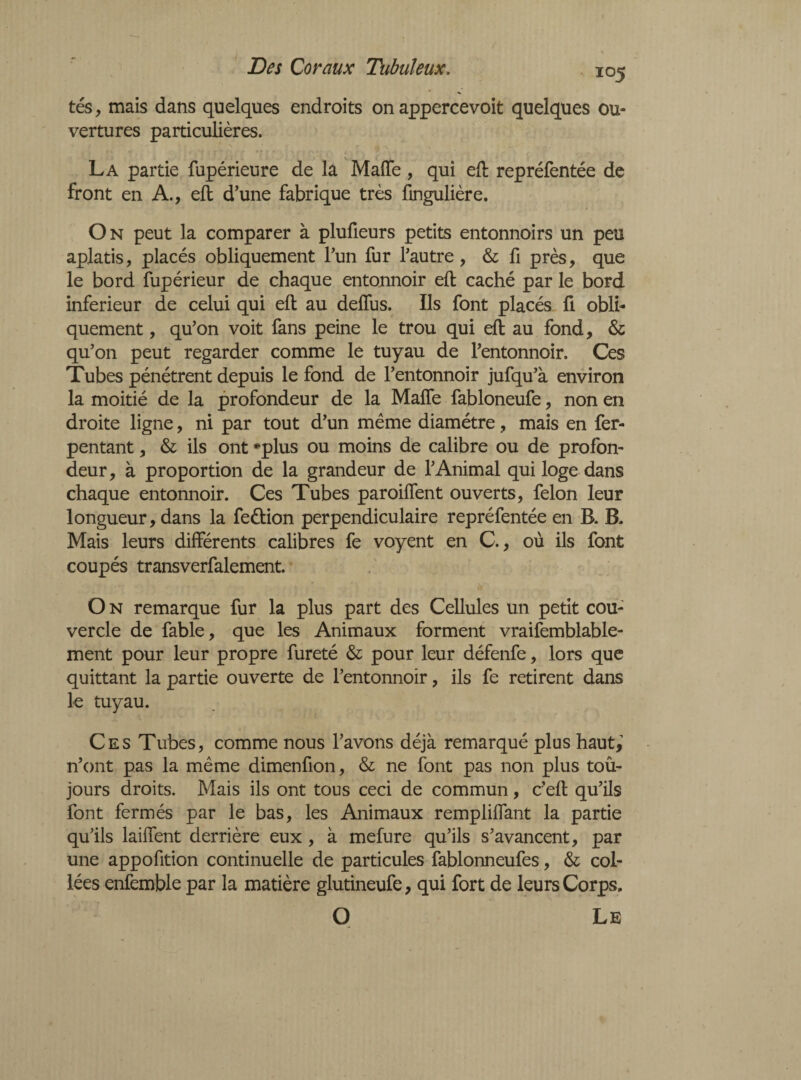 tés, mais dans quelques endroits on appercevoit quelques ou¬ vertures particulières. La partie fupérieure de la Maffe , qui eft repréfentée de front en A., eft d’une fabrique très fingulière. On peut la comparer à plufieurs petits entonnoirs un peu aplatis, placés obliquement l’un fur l’autre, & fi près, que le bord fupérieur de chaque entonnoir eft caché par le bord inferieur de celui qui eft au deffus. Ils font placés fi obli¬ quement , qu’on voit fans peine le trou qui eft au fond, & qu’on peut regarder comme le tuyau de l’entonnoir. Ces Tubes pénétrent depuis le fond de l’entonnoir jufqu’à environ la moitié de la profondeur de la Maffe fabloneufe, non en droite ligne, ni par tout d’un même diamètre, mais en fer- pentant, & ils ont *plus ou moins de calibre ou de profon¬ deur, à proportion de la grandeur de l’Animal qui loge dans chaque entonnoir. Ces Tubes paroiffent ouverts, felon leur longueur, dans la feétion perpendiculaire repréfentée en B. B. Mais leurs différents calibres fe voyent en C., où ils font coupés transverfalement. O n remarque fur la plus part des Cellules un petit cou¬ vercle de fable, que les Animaux forment vraifemblable- ment pour leur propre fureté & pour leur défenfe, lors que quittant la partie ouverte de l’entonnoir, ils fe retirent dans le tuyau. Ces Tubes, comme nous l’avons déjà remarqué plus haut,^ n’ont pas la même dimenûon, & ne font pas non plus toû- jours droits. Mais ils ont tous ceci de commun, c’eft qu’ils font fermés par le bas, les Animaux rempliffant la partie qu’ils laiffent derrière eux, à mefure qu’ils s’avancent, par une appofition continuelle de particules fablonneufes, & col¬ lées enfemble par la matière glutineufe, qui fort de leurs Corps. O Le