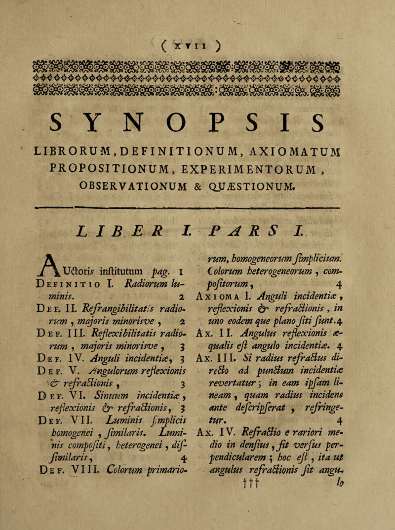 LIBRO RUM.DEFINITIONUM, AXIOMATUM PROPOSITIONUM, EXPERIMENTORUM , OBSERVATIONUM & QJJ.ESTIONUM. LIBER I. ^^^Uftoris inftitutum pag. i Definitio I. Radiorum lu¬ minis. 2 Del IL Refrangibilitatis radio¬ rum , majoris minorisve , 2 Dee. III. Reflexibilitatis radio¬ rum , majoris minorisve , 3 Def. IV. Anguli incidentia, 3 D e f. V. Singulorum reflexionis '■■& refraBionis , 3 D e f. VI. Sinuum incidentia , reflexionis & refr aBionis, 3 Def. VII. Luminis fmplicis hcmogenei , fimilaris. Lumi¬ nis compofti, heterogenei , fimilaris, 4 Def. VIII. Colorum primario- pars 1. rum, bomogeneorum fimpliciuml Colorum heterogeneorum , ccz»- pof torum, 4 Axioma I. Anguli incidentia, reflexionis & refraBionis, zw £/^«0Jiti funt.4. A x. II. Angulus reflexionis a- qualis efl angulo incidentia. 4 Ax. III. 6z radius refraBus di- reBo ad punBum incidentia revertatur; z« zjTpzw /z- neam, radius incidens ante defcripferat , refringe¬ tur. 4 A x. IV. RefraBio e rariori me¬ dio in denflus) fit verfus per¬ pendicularem ; hoc efl , zta zz/ angulus refraBionis fit angu- ttt lo