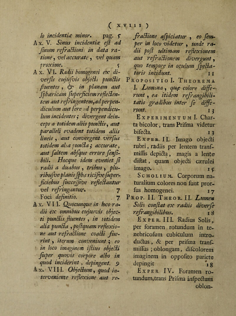 lo incidentia minor. pag. f Ax. V. Sinus incidentia eji ad Jinum refraBioni in data ra¬ tione , vel accurate , vel quam froxime. f A x. VI. Radii homogenei ex di- verjis cujufvis objeBi punBis fluentes , & in planam aut Jpharicam fuperficiem refleBen- tem aut refringentem,ad perpen¬ diculum aut fere od perpendicu¬ lum incidentes ; divergent dein¬ ceps a totidem aliis punBis, aut paralleli evadent totidem aliis lineis , aut convergent ver fu s totidem aha punBa; accurate, aut faltem abfque errore fenfi- bili. Hocque idem eveniet f radii a dttabus , tribus , plu- icijvefuper- refieBantur 7 Foci definitio. . 7 Ax. VII. Quocunque in beo ra¬ dii ex omnibus cujusvis objec¬ ti punBis fluentes , in totidem alia punBa , pofi quam reflexio¬ ne aut refraBione coaBi fue¬ rint , iterum conveniunt ; eo in loco imaginem illius objeBi fuper quovis corpore albo in quod inciderint, depingent. Ax. VIII. ObjeBum, quod in¬ terveniente reflexione aut re- ribuj vepldnisJpba ficiebus fuccejfive vel refringantur. fraBione afpiciatur , eo fem- per in loco videtur , unde ra¬ dii pofi ultimam reflexionem aut refraBionem divergunt, quo tempore in oculum JpeBa- toris incidunt. 11 Propositio I. Theorema I. Lumina , qua colore di fle-*-• runt , ea itidem refrangibili- tatis gradibus inter fe diffe¬ runt. 1 5 Experimentum! Char¬ ta bicolor, trans Prifma videtur bife&a. 13 Exper, II. Imago obje&i rubri, radiis per lentem tranf- miflis depi&a, magis a lente diftat, quam objecti caerulei imago. 1 f Scholium. Corporum na¬ turalium colores non fuiit pror- fus homogenei. 17 Prop. II. Theor.II. Lumen Solis confiat ex radiis diverfe refrangibilibus. 1S Exper. III. 'Radius Solis, per foramen. rotundum in te- nebricofum cubiculum intro- dudus , & per prifma tranf. miIIlis ; oblongam, difcolorem imaginem in oppofito pariete depingit g Exper IV. F Gramen ro¬ tundum* trans Prifma infpe&um oblon-