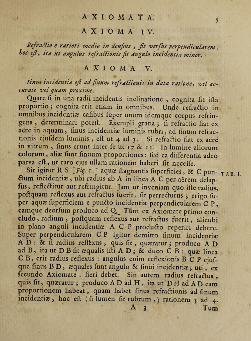 AXIOMA IV. Refractio e rariori medio in denfins , fit verfius perpendicularem; hoc ejl, ita ut angulus refrailionis fit angulo incidentia minor. AXIOMA V. Sinus incidentia ejl ad fimum refiraftionis in data ratione, vel ac- curate vel quam proxime. Quare fi in una radii incidentis inclinatione , cognita fit ifta proportio; cognita erit etiam in omnibus. Unde refraftio in omnibus incidentia; cafibus fuper unum idemque corpus refrin¬ gens , determinari poteft. Exempli gratia ; fi refraftio fiat ex aere in aquam, finus incidentia; luminis rubri, ad linum refrac¬ tionis ejufdcm luminis , efi ut 4 ad 3. Si refra&io fiat ex aere in vitrum , finus erunt inter fe ut 17 & 11. In lumine aliorum colorum, alia; funt finuum proportiones; fed ea differentia adeo parva efi, ut raro ejus ullam rationem haberi fit necefle. Sit igitur R S [ Fig. r. ] aqua; fiagnantis fuperficies, & C pun- dum incidentia;, ubi radius ab A in linea A C per aerem delap- fus, refleflitur aut refringitur. Jam ut inveniam quo ifie radius, poftquam reflexus aut refra&us fuerit, fit perrefiurus ; erigo fu¬ per aqua; fuperficiem e punfto incidentia; perpendicularem C P, eamque deorfum produco ad Tum ex Axiomate primo con¬ cludo , radium , poftquam reflexus aut refrafius fuerit, alicubi in plano anguli incidentia; A C P produfto reperiri debere. Super perpendicularem C P igitur demitto finum incidentia; AD: & fi radius reflfexus , quis fit , queratur; produco A D ad B, ita ut D B fit a;qualis ifti A D; <k duco C B : quse linea C B, erit radius reflexus : angulus enim reflexionis B C P ejuf- que finus B D, aquales funt angulo & finui incidentia;; uti, ex fecundo Axiomate , fieri debet. Sin autem radius refra&us , quis fit, queratur ; produco A D ad H , ita ut D H ad A D eam proportionem habeat, quam habet finus refraftionis ad finum A i Tum TAB. I.