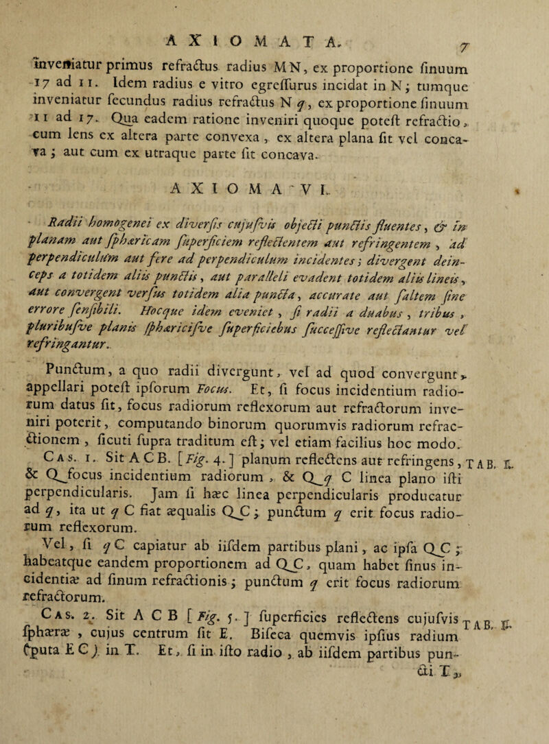 invematur primus refradus radius MN, ex proportione finuum 17 ad ii. Idem radius e vitro egreffurus incidat in N; tumque inveniatur fecundus radius refradus N q-y ex proportione finuum ii ad 17. Qua eadem ratione inveniri quoque potefl refradio, eum lens ex altera parte convexa , ex altera plana fit vel conca¬ va ; aut cum ex utraque parte fit concava. A X I O M A V L Radii homogenei ex di ver fis cujufuis objeili punctis fluentes, & in planam aut fpbaricam fuperfciem refle cientem aut refringentem , ad perpendiculum aut fere ad perpendiculum incidentes, divergent dein¬ ceps a totidem aliis pu nilis, aut paralleli evadent totidem aliis lineis, aut convergent verfus totidem alia p unci a, accurate aut faltcm fine errore fenfiib ili. Hoc que idem eveniet , fi radii a duabus , tribus , fluribufve planis fpharicifve fuperficiebus fuccejjive reflectantur vel' refringantur.. Pundum, a quo radii divergunt, vel ad quod convergunt», appellari potefl ipforum Focus. Et, fi focus incidentium radio¬ rum datus fit, focus radiorum reflexorum aut refradorum inve¬ niri poterit, computando binorum quorumvis radiorum refrac- dionem , ficuti fupra traditum eft; vel etiam facilius hoc modo. Cas. i. Sit ACB. [Fig. 4.] planum refledens aut refringens, xAB. E. & Q^focus incidentium radiorum , & C linea plano iffi perpendicularis. Jam fi htec linea perpendicularis producatur ad qy ita ut q C fiat aqualis QC ; pundum q erit focus radio¬ rum reflexorum. Vel, fi q C capiatur ab iifdem partibus plani, ac ipfa Q^C ; habeatque eandem proportionem ad Q.C, quam habet finus in¬ cidentia? ad linum refradionis j pundum q erit focus radiorum refradorum. Cas. 2. Sit A C B [ Fig. 5. ] fuperficies refledens cujufvisTAB fpha?ra? , cujus centrum fit E. Bifeca quemvis ipfius radium Cputa E C). in X, Et > fi in iflo radio , ab iifdem partibus pum di X 3»