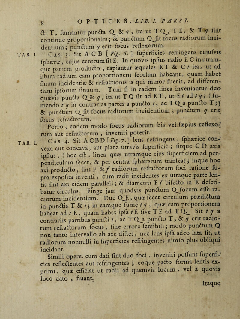 TAB. TAB. g OPTICES, L1B. 1. P ARS I. Cti T, fumantur punCta Q^& q > ita ut TQ^, 1 E» & Tf lint continue proportionales; & punCtum Q^fit locus radiorum inci¬ dentium; punitum q erit focus reflexorum. Cas. 3. Sit A C B [ Fig. 6. ] fuperficies refringens cujufvis fpharree, cujus centrum fit E. In quovis ipfius radio E C in utram¬ que partem produCto , capiantur aequales ET & C t ita, ut ad iftum radium eam proportionem feorfum habeant, quam habet finum incidendae & refractionis is qui minor fuerit, ad differen¬ tiam ipforum finuum. Tum fi in eadem linea inveniantur duo quaevis punCta QJk. q , ita ut T Q fit ad E T , ut E t ad t q; ( fu- mcndo t q in contrarias partes a punCto / , acT Q^a punCto T;) & punCtum Qjit focus radiorum incidentium ; punCtum q erit focus refractorum. Porro , eodem modo foeus radiorum bis vel faepius reflexo-- rum aut refractorum , inveniri poterit. Cas. 4. Sit ACBD [Fig. 7.] lens refringens , fphanrice con¬ vexa aut concava, aut plana utravis fupcrficie-; litque C D axis ipfius , ( hoc eft , linea quse utramque ejus fuperficiem ad pcr- pendieulum fecet, & per centra fpha;rarum tranfeat; inque hoc axi produCto, fint F &/ radiorum refraCtorum foci ratione fu- pra expofita inventi , cum radii incidentes ex utraque parte len¬ tis fint axi eidem paralleli; & diametro F f bifecto in E deferi- batur circulus. Finge jam quodvis punCtum Q^focum effe ra¬ diorum incidentium. Duc QT., qua? fecet circulum praffiiCtum in punCtis T & /; in eamque fume tq , qua? eam proportionem habeat ad t E, quam habet ipfa t E live T E ad T Sit t q a contrariis partibus punCti t, ac T Q^a punCto T; & q erit radio¬ rum refraCtorum focus, fine errore fenfibili; modo punCtum Q non tanto intervallo ab axe diftet, nec lens ipfa adeo lata fit, ut radiorum nonnulli in fuperficies refringentes nimio plus obliqui incidant. Simili opere, cum dati fint duo foci , inveniri poliunt fuperfi¬ cies refleCtentes aut refringentes ; eoque paCto forma lentis ex¬ primi , quje efficiat ut radii ad quemvis locum . vel a quovis loco dato > fluant. Itaque