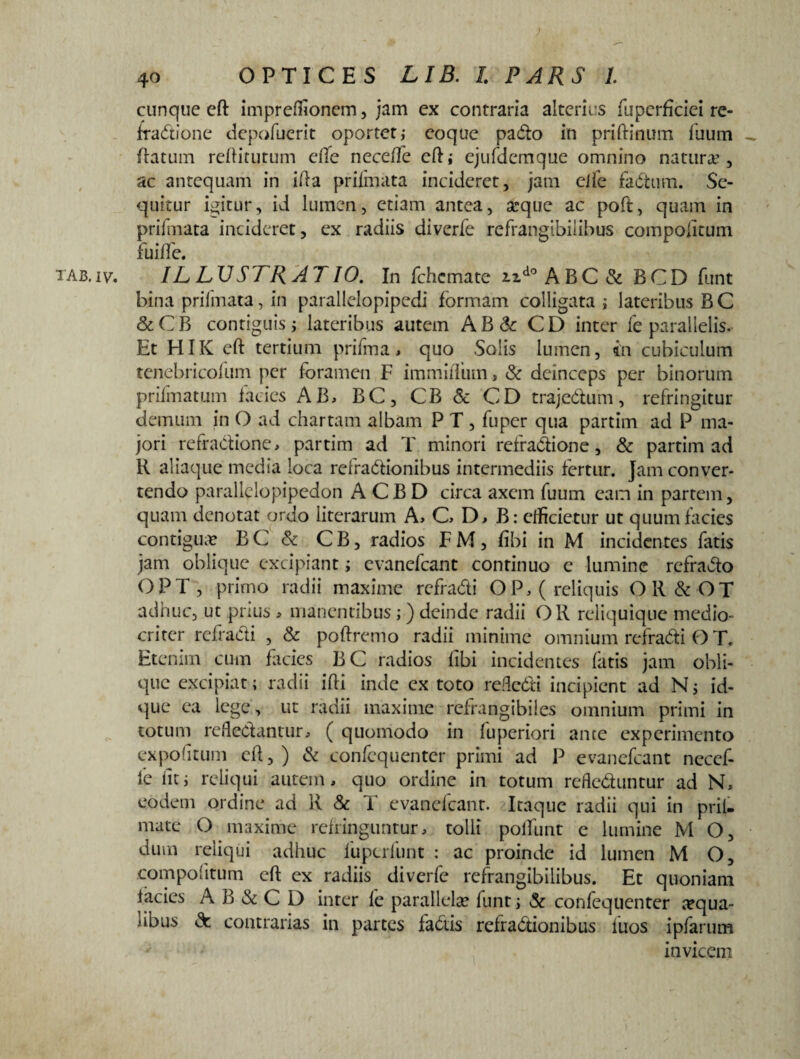 ) 4o OPTICES LIB. I. PARS l cunque cft impreffionem, jam ex contraria alterius fupcrficiei re¬ fractione depofuerit oportet i coque pado in priftinum fuum flatum reftitutum elle necefte eft; ejufdemque omnino natura’, ac antequam in ifta prifmata incideret, jam elie fadum. Se¬ quitur igitur, id lumen, etiam antea, arque ac poft, quam in prifmata incideret, ex radiis diverfe refrangibiiibus compodtum fuifTe. tab.iv. ILLUSTRATIO. In fchcmate udo ABC & BCD funt bina prifmata, in parallelopipedi formam colligata ; lateribus B C &CB contiguis; lateribus autem AB& CD inter fe parallelis. Et HIK cft tertium prifma, quo Solis lumen, in cubiculum tenebricofum per foramen F immiiliun, & deinceps per binorum prifmatum facies AB, BC, CB & CD trajedum, refringitur demum in O ad chartam albam P T , fuper qua partim ad P ma¬ jori refractione, partim ad T minori reffadione, & partim ad R aliaque media loca refradionibus intermediis fertur. Jam conver¬ tendo parallelopipedon A C B D circa axem fuum eam in partem, quam denotat ordo literarum A, C, D, B: efficietur ut quum facies contiguae B C & C B, radios F M, fibi in M incidentes fatis jam oblique excipiant; evanefeant continuo e lumine refrado OPT , primo radii maxime refradi OP, ( reliquis OR & OT adhuc, ut prius , manentibus; ) deinde radii OR rcliquique medio¬ criter refradi , & poftremo radii minime omnium relradi O T. Etenim cum facies BC radios libi incidentes fatis jam obli¬ que excipiat; radii ifti inde ex toto refledi incipient ad N; id- que ea lege, ut radii maxime refrangibiles omnium primi in totum rcfledantur, ( quomodo in fuperiori ante experimento expolitum cft, ) d confequentcr primi ad P evanefeant necef- le iit; reliqui autem, quo ordine in totum refleduntur ad N, eodem ordine ad R & T evanefeant. Itaque radii qui in prii- mate O maxime refringuntur, tolli polfunt e lumine M O, dum reliqui adhuc fuperfunt : ac proinde id lumen M O, compofitum cft ex radiis diverfe refrangibiiibus. Et quoniam facies A B & C D inter fe parallela? funt; & confequenter aqua¬ libus & contrarias in partes fadis refradionibus fuos ipfarum invicem