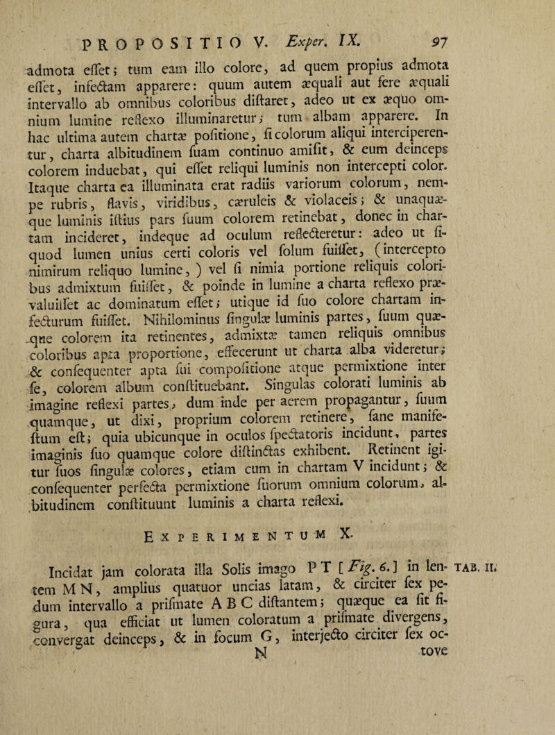 admota ellet; tum eam illo colore, ad quem propius admota eiTet, infeCtam apparere: quum autem asquali aut fere asquali intervallo ab omnibus coloribus diftaret, adeo ut ex asquo om¬ nium lumine reflexo illuminaretur,- tum albam apparere. In hac ultima autem chartse politione, fi colorum aliqui interciperen¬ tur , charta albitudinem fuam continuo amifit, & eum deinceps colorem induebat, qui ellet reliqui luminis non intercepti color. Itaque charta ea illuminata erat radiis variorum colorum , nem¬ pe rubris, flavis, viridibus, casruleis & violaceis i & unaqua¬ que luminis illius pars fuum colorem retinebat, donec in char¬ tam incideret, indeque ad oculum reflecteretur: adeo ut li- quod lumen unius certi coloris vel folum fuitfet, (intercepto nimirum reliquo lumine, ) vel fi nimia portione reliquis colori¬ bus admixtum fuilfet, & poinde in lumine a charta reflexo prae- valuiifet ac dominatum ellet; utique id fuo colore chartam in- feCturum fuilTet. Nihilominus lingula luminis partes, fuum quas¬ que colorem ita retinentes, admixtas tamen reliquis omnibus coloribus apta proportione, effecerunt ut charta alba videretur; <& confequenter apta fui compolitione atque permixtione inter le, colorem album conftitucbant. Singulas colorati luminis ab Imagine reflexi partes, dum inde per aerem propagantur, fuum quamque, ut dixi, proprium colorem retinere, fane manife- fturn elt; quia ubicunque in oculos IpeCtatoris incidunt, partes imaginis fuo quamque colore dillinCtas exhibent. Retinent igi¬ tur fuos lingulse colores, etiam cum in chartam V incidunt; & confequenter perfeCta permixtione fuorum omnium colorum, al¬ bitudinem conflituunt luminis a charta reflexi. Experimentum X. Incidat jam colorata illa Solis imago P T [ Fig. 6. ] in len- tab. ii» tem M N, amplius quatuor uncias latam, & circiter fex pe¬ dum intervallo a prifmate ABC diftantem; quaque ea fit fi¬ gura, qua efficiat ut lumen coloratum a prifmate divergens, convergat deinceps, & in focum G, interjecto circiter fex oc- N tove