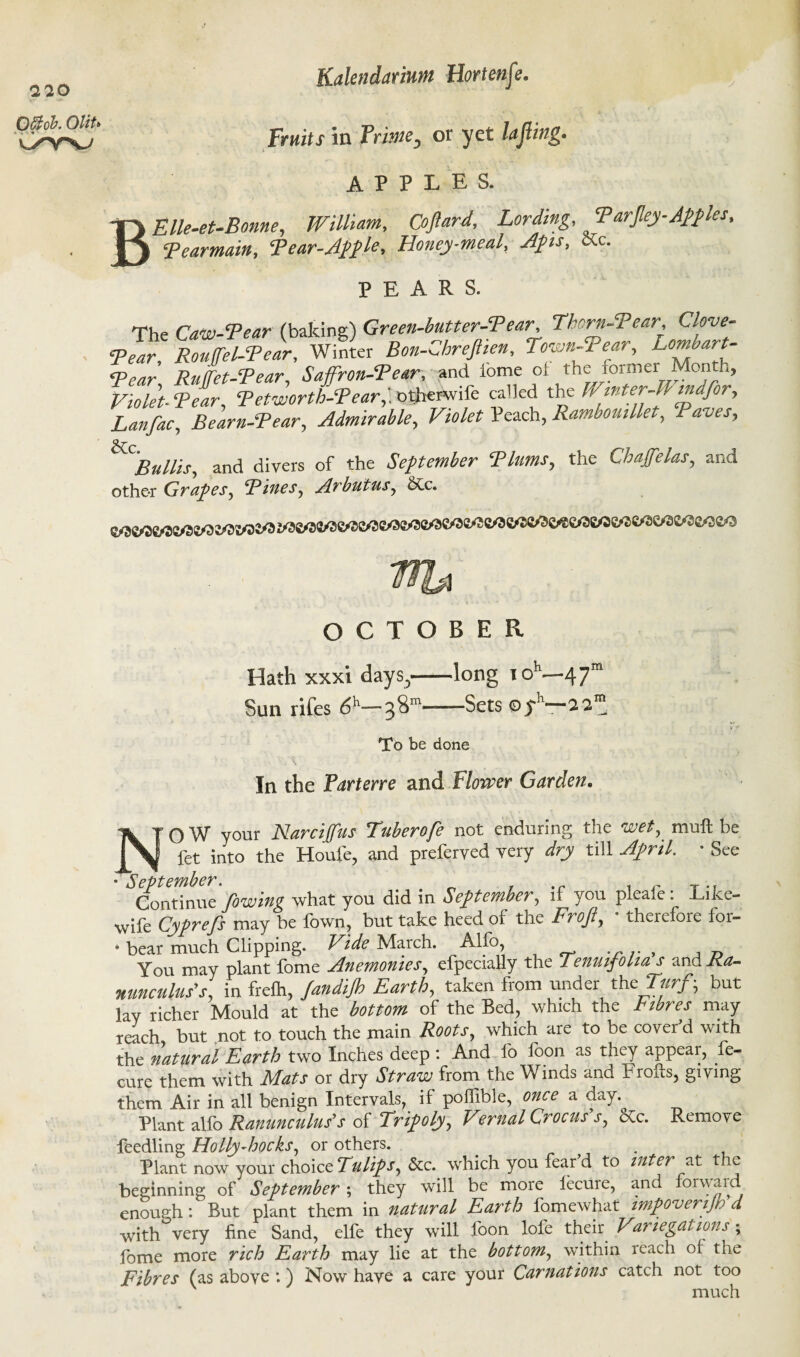 220 Offiob. OUt* i/yv Kalendarium Hortenfe. B Fr«if.r in Pri-W, or yet lafting. APPLES. Elle-et-Bonne, William, Coftard, Lording, Tar[ley-.Apples, Tearmain, Tear-Apple, Honey-meal, Apis, Kc. PEARS. The Caw-Tear (baking) Green-butter-Tear Thorn-Tear Clove- Tear, Roufel-Tear, Winter Bon-Chreftien, Town-Tear, TVar Ruffet-Tear Saffron-Tear, and iome of the former Month, Violet- Tear, Tetworth-Tear'. other-wife called the Wmter-V mafor, Lanfac, Beam-Tear, Admirable, Violet leach, Rambomllet, Taves, and divers of the September Tlums, the Chaffelas, and other Grapes, TinesArbutus, 6Cc. OCTOBER Hath xxxi days,-long ioh—47” Sun rifes 6h—38“-Sets ©j-'—22” To be done '•V'\ In the Parterre and Flower Garden. NO W your Narcijfus Tuberofe not enduring the muft be fet into the Houfe, and preferyed very dry till April. • See c' pt)t pynber« Continue Cowing what you did in September, if you pleafe: Like- yife Cyfrefs may be fown, but take heed of the Froft, * therefore for¬ bear much Clipping, March. Alfo, . , D You may plant fome Anemonies, efpeciaUy the lenmfolia s and Ra- tunculus's, in frelh, Earth, taken from under the Turf, but ay richer Mould at the bottom of the Bed, which the iww may reach but not to touch the main Roots, which are to be cover'd with uhe natural Earth two Inches deep : And lb foon as they appear, fe- :ure them with Mats or dry Straw from the Winds and Frofts, giving them Air in all benign Intervals, if poffible, once a day. Plant alfo Ranunculus's of Tripoly, Vernal Crocus s, die. Remove feedling Holly-hocks, or others. Plant now your choice Tulips, &c. which you fear’d to inter Tit the beginning of September ; they will be more iecure, and forwaid enough: But plant them in natural Earth fomewhat mpoverijh d with very fine Sand, elfe they will foon lofe their Variegations; fome more rich Earth may lie at the bottom, within reach ol the Fibres (as above :) Now have a care your Carnations catch not too miifh