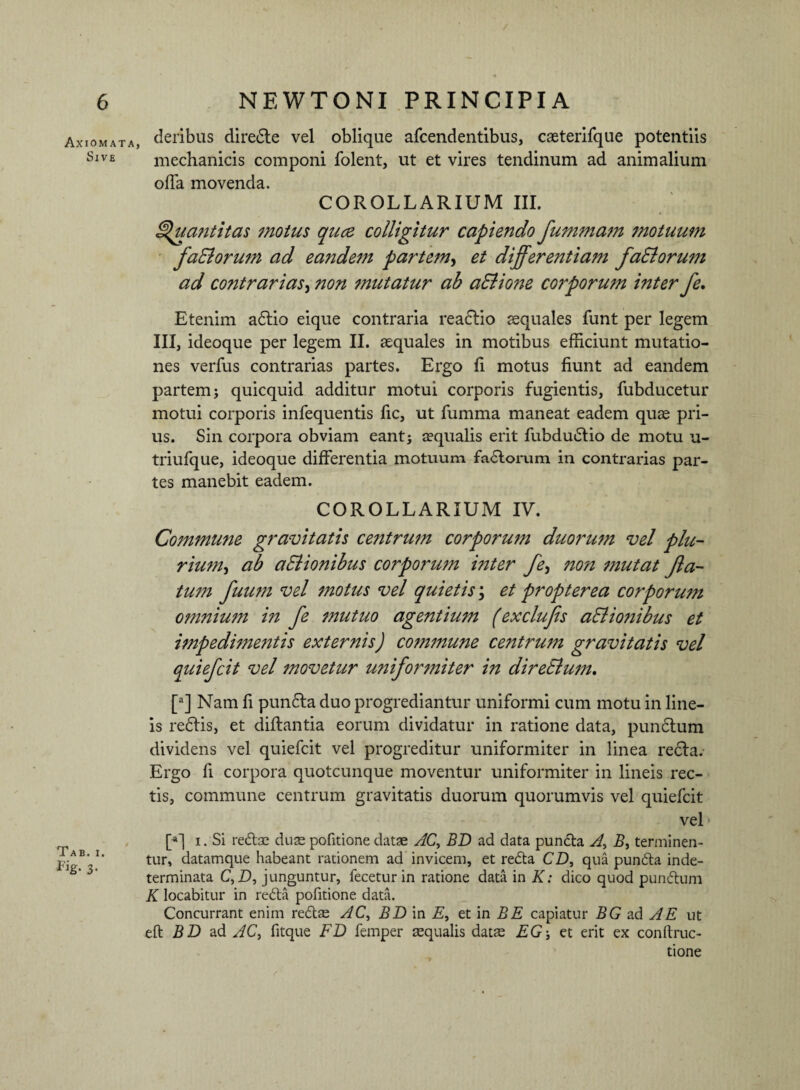 Axiomata, Sive Tab. i. *%• 3- deribus diredte vel oblique afcendentibus, caeterifque potentiis mechanicis componi folent, ut et vires tendinum ad animalium offa movenda. COROLLARIUM III. Quantitas motus quce colligitur capiendo fummam motuum faSlorum ad eandem partem, et differentiam faSlorum ad contrarias, non mutatur ab aSlione coiporum inter fe. Etenim adtio eique contraria reactio aequales funt per legem III, ideoque per legem II. aequales in motibus efficiunt mutatio¬ nes verfus contrarias partes. Ergo Ii motus fiunt ad eandem partem; quicquid additur motui corporis fugientis, fubducetur motui corporis infequentis fic, ut fumma maneat eadem quae pri¬ us. Sin corpora obviam eant; aqualis erit fubductio de motu u- triufque, ideoque differentia motuum factorum in contrarias par¬ tes manebit eadem. COROLLARIUM IV. Commune gravitatis centrum corporum duorum vel plu- rium-) ab aElionibus corporum inter fe> non mutat fla¬ tum fuum vel motus vel quietis \ et propter ea corporum omnium in fe mutuo agentium (exclufs aElionibus et impedimentis externis) commune centrum gravitatis vel quiefcit vel movetur uniformiter in direSlum. [a] Nam fi pundta duo progrediantur uniformi cum motu in line¬ is re£tis, et diftantia eorum dividatur in ratione data, pundtum dividens vel quiefcit vel progreditur uniformiter in linea recta. Ergo fi corpora quotcunque moventur uniformiter in lineis rec¬ tis, commune centrum gravitatis duorum quorumvis vel quiefcit vel [*] i. Si redae duae politione datae AC> BD ad data punda A, B, terminen¬ tur, datamque habeant rationem ad invicem, et reda CD, qua punda inde¬ terminata C, d, junguntur, fecetur in ratione data in K: dico quod pundtum K locabitur in reda pofitione data. Concurrant enim redae AC, BD m E, et in B E capiatur BG ad A E ut eft BD ad AC, fitque FD femper aequalis datae et erit ex conftruc- tione